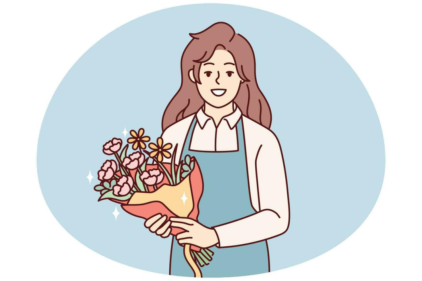 retrato de sonriente hembra florista en delantal participación hermosa floral ramo. contento mujer con flores en manos trabajando en botánico tienda. vector ilustración.