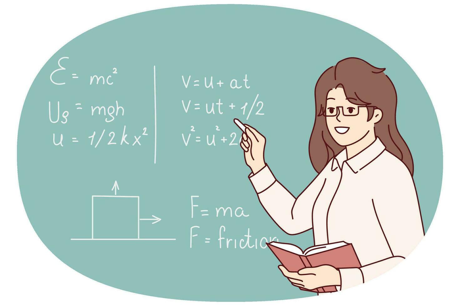 sonriente hembra profesor en pie cerca negro tablero hablando a lección en escuela. contento mujer tutor dirigir matemáticas clase para alumnos. educación. vector ilustración.