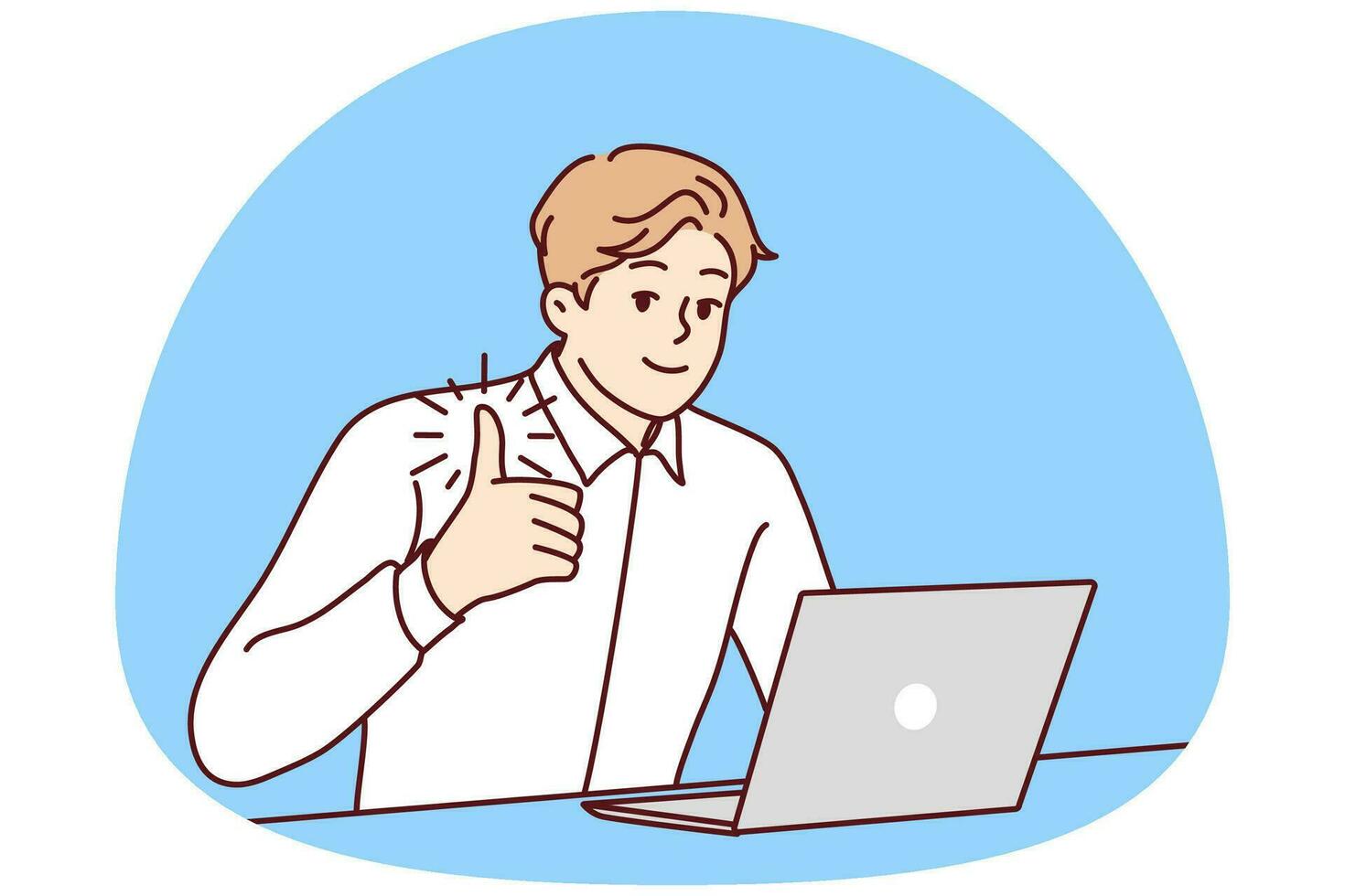 Happy young businessman sit at desk work on laptop show thumb up. Smiling male employee recommend company service. Recommendation. Vector illustration.