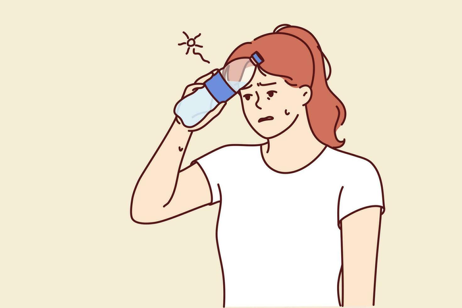 Woman who gets heatstroke on walk puts bottle of water to forehead and needs to rest or see doctor. Girl suffering from heatstroke due to sudden change in weather or working outdoors vector