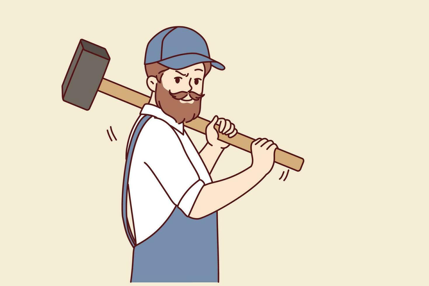 Bearded man with hammer works in auto repair shop or at construction site, dressed in overalls with cap. Brutal worker holding hammer offering to demolish old house and build modern mansion vector