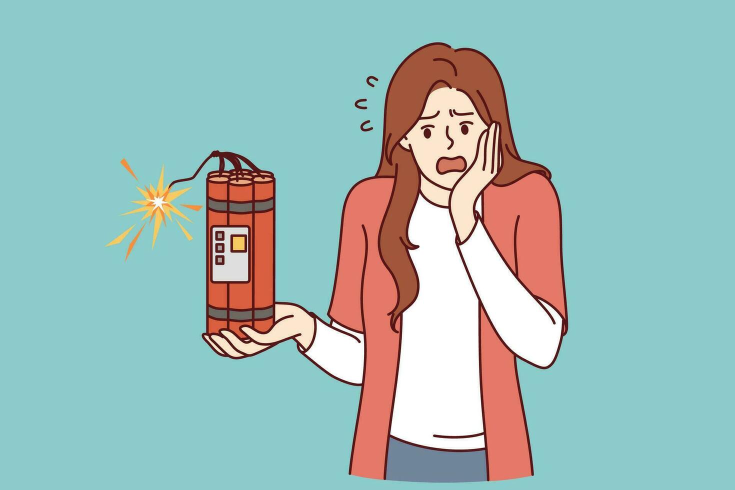Frightened woman holds dynamite in hands and panics when she learns that explosion is coming. Unhappy girl holding dynamite bomb and experiencing anxiety, for concept of approaching problems vector