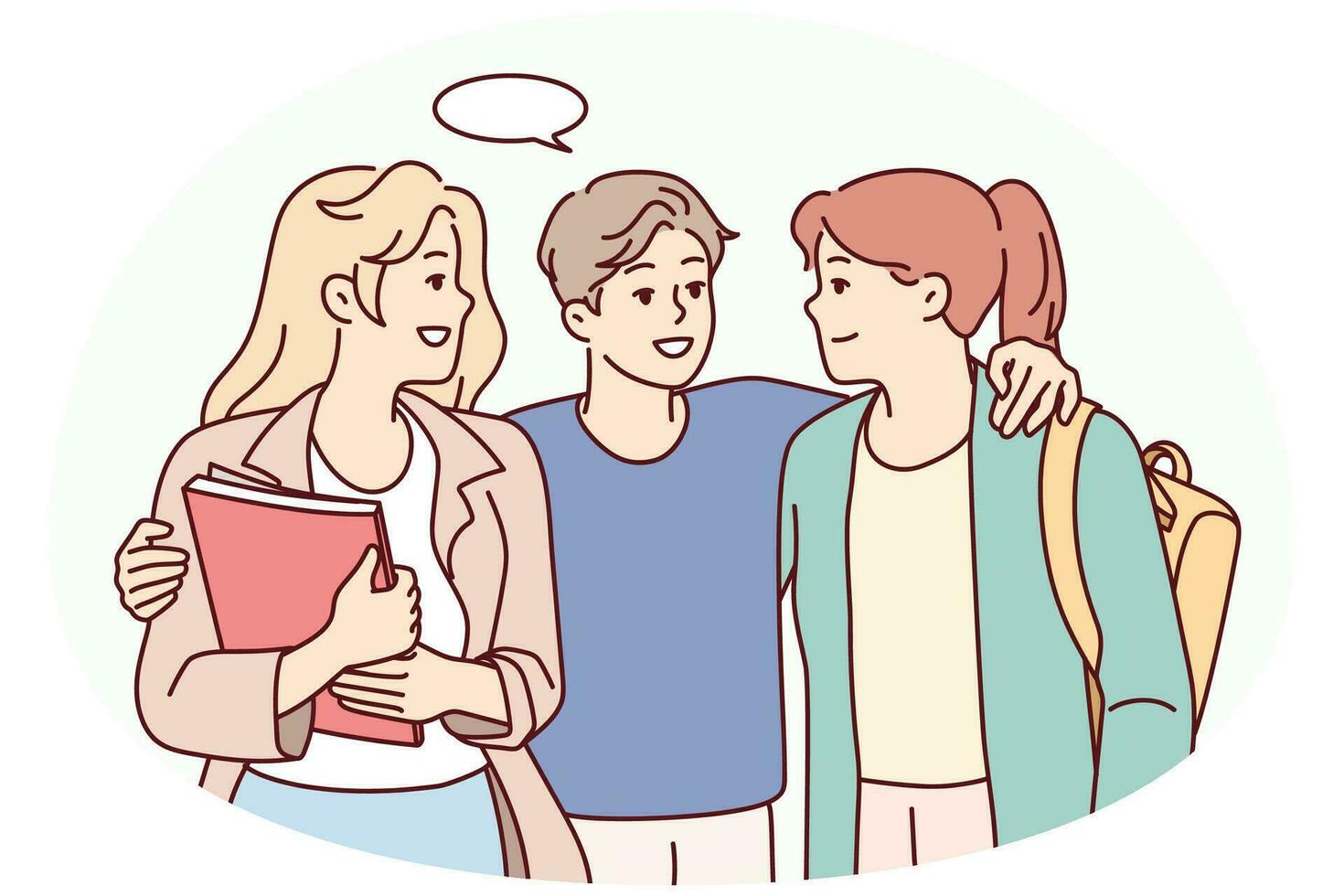 Smiling young guy flirting with female mates. Male hug talk with millennial girls in college or university. Vector illustration.