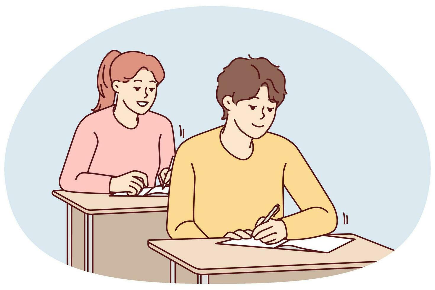 los estudiantes sonrientes se sientan en el escritorio escribiendo en cuadernos en la lección en la escuela. alumnos felices escribiendo a mano en clase. educación y aprendizaje. ilustración vectorial vector