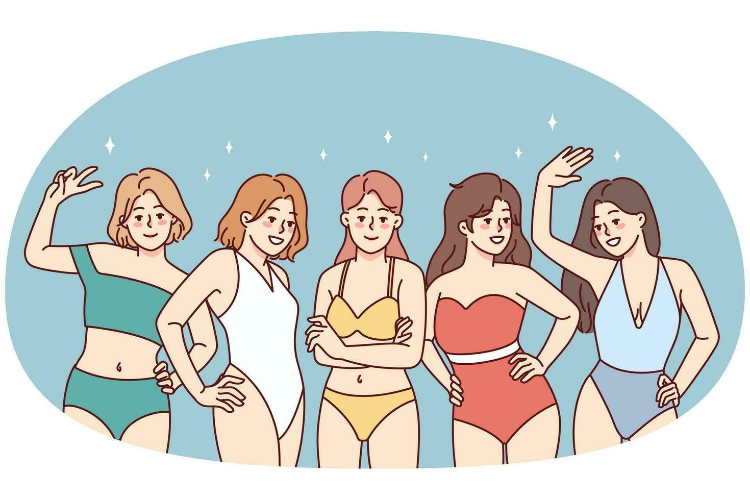 Portrait of smiling girls in swimsuits posing together. Happy diverse young women in bikini enjoy summer vacation. Diversity and body positivity. Vector illustration.