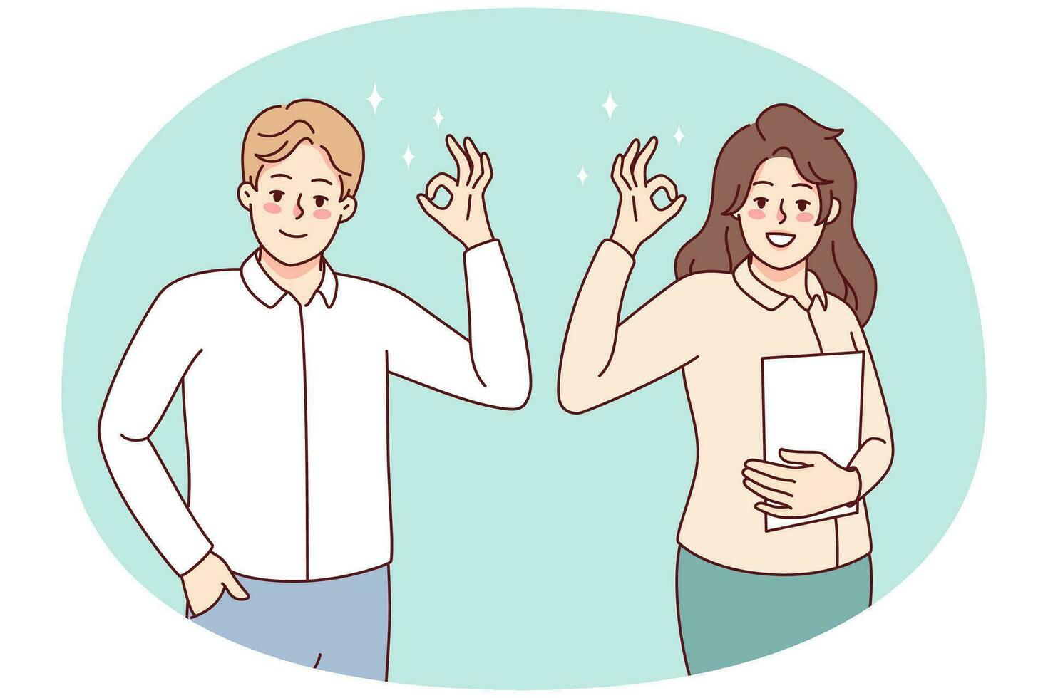 sonriente personas demostración Okay firmar con manos. contento hombre y mujer demostrar aprobación gesto, decir todas bien. vector ilustración.