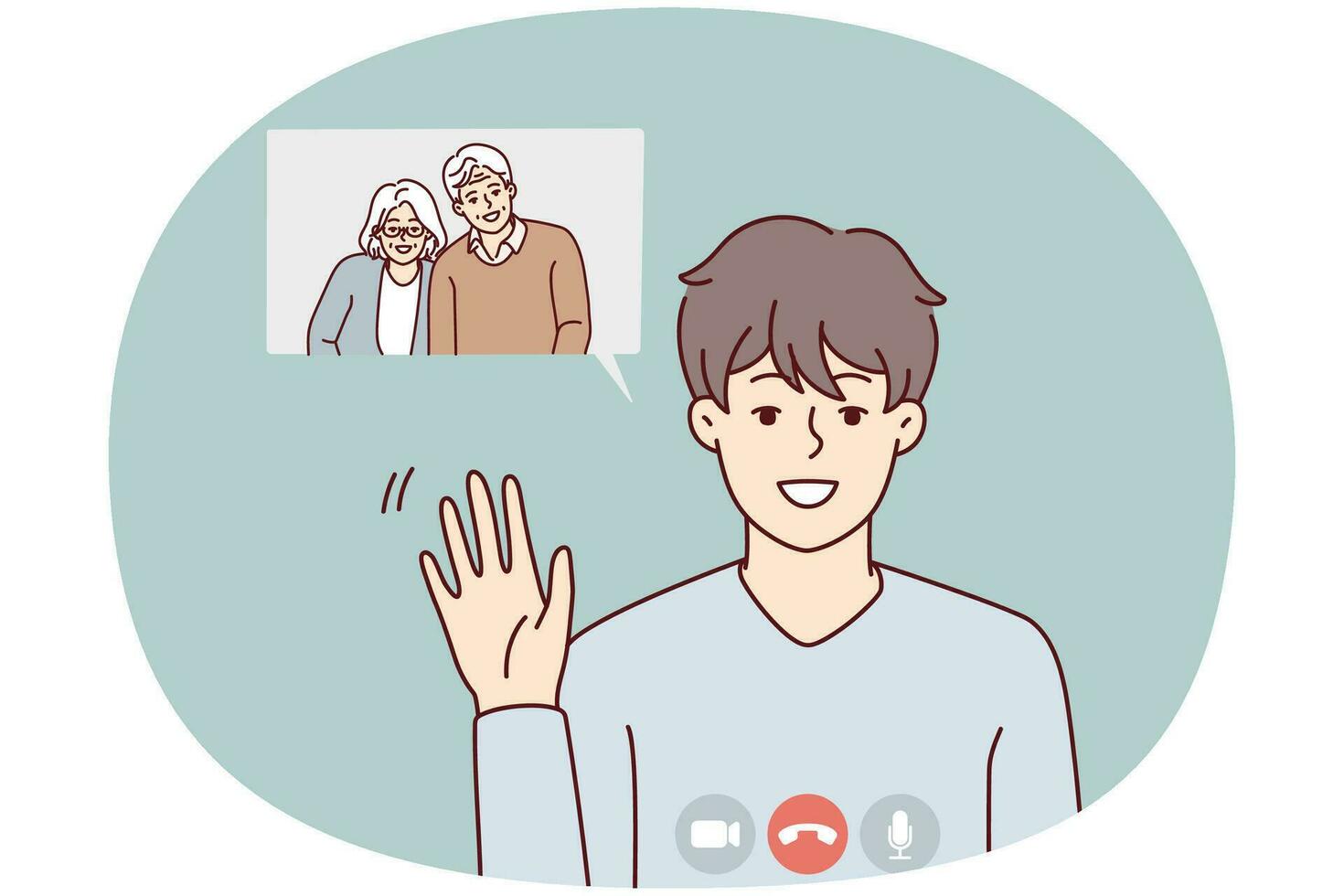 Smiling boy waving talking on video call with happy grandparents. Happy child have webcam conversation online with family. Vector illustration.