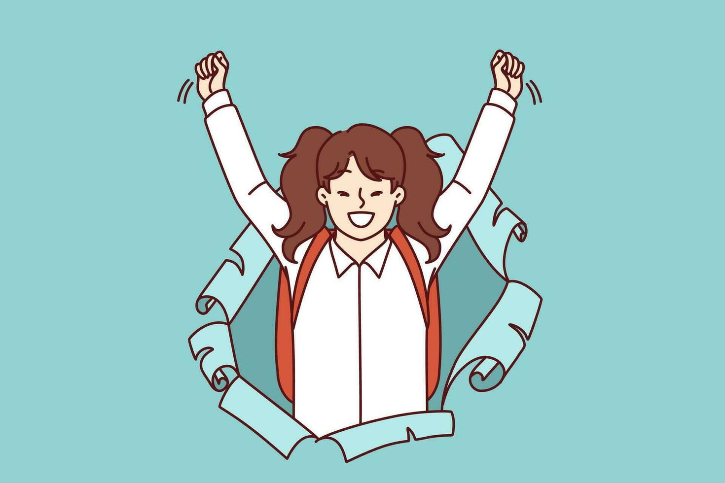 Schoolgirl with backpack joyfully raises hands up and screams loudly peeking out of hole in paper, for concept of back to school. Little girl celebrating beginning of academic year at school vector