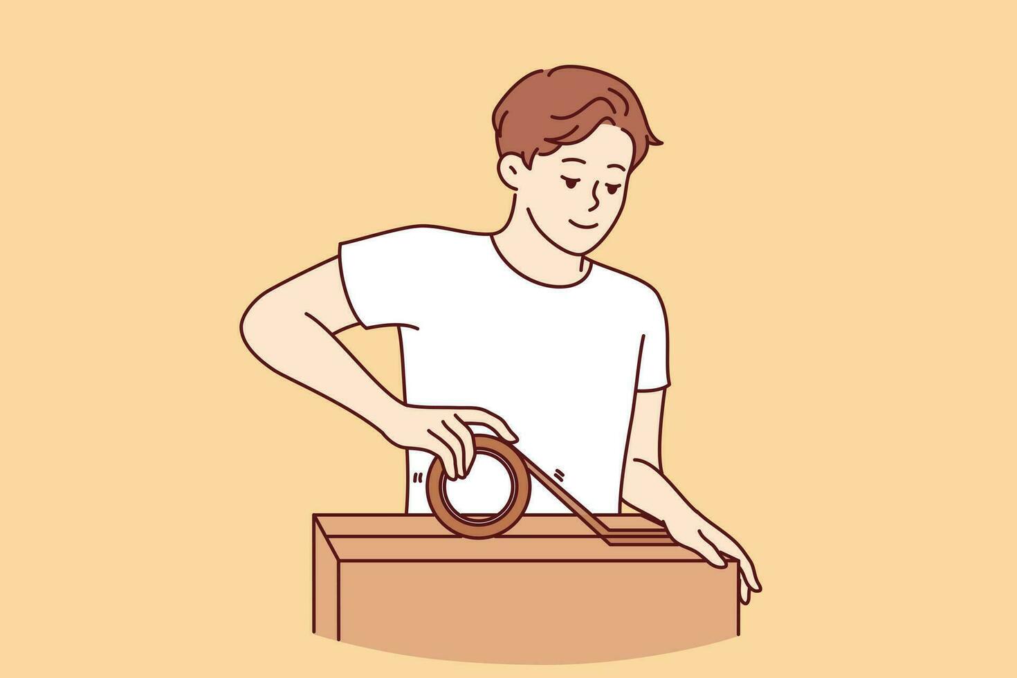 Man packs personal belongings into cardboard relocation box and seals lid with tape. Positive guy small business owner holding box and preparing goods ordered by customer for shipment vector