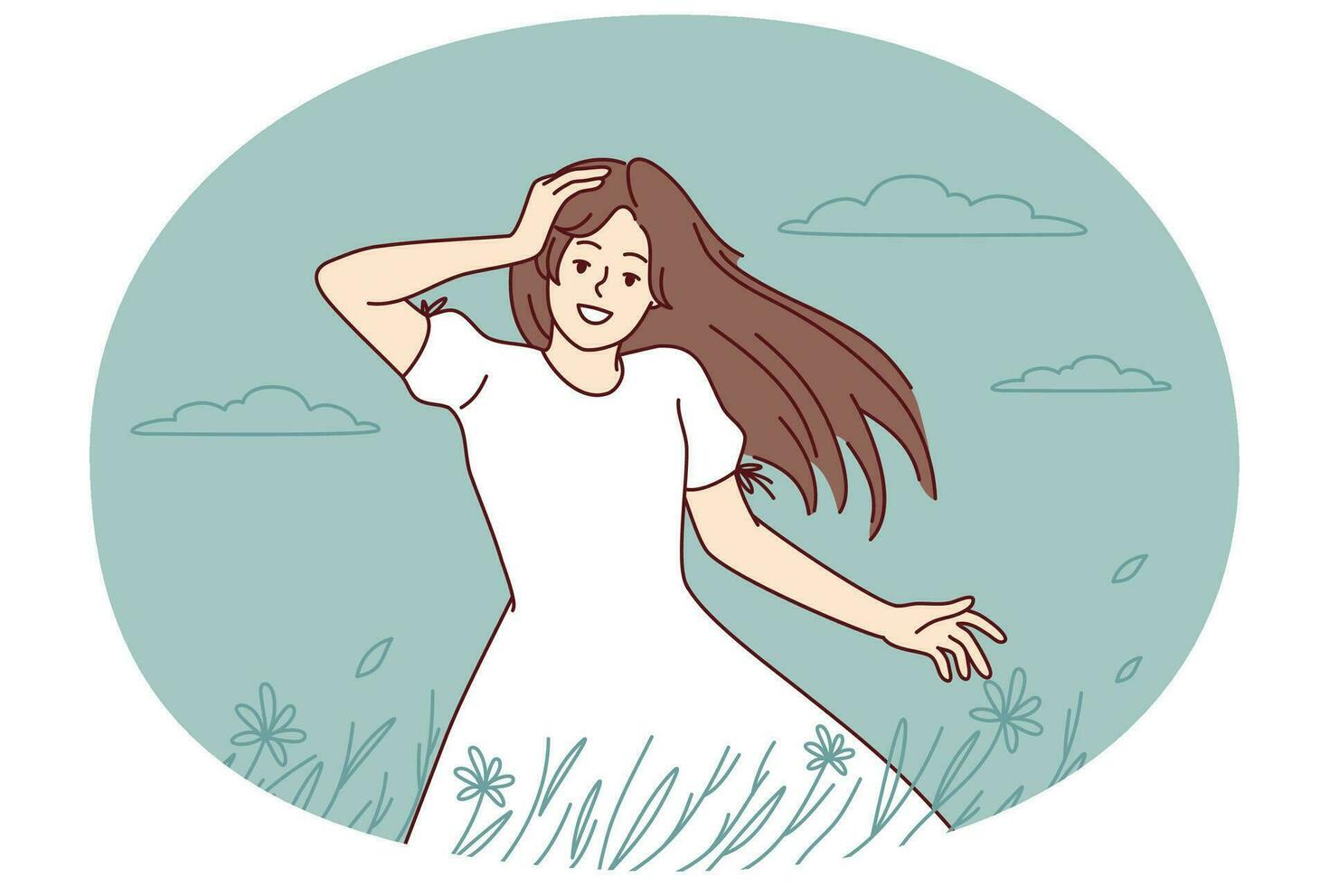 Happy young woman walking in summer field enjoying goo day. Smiling girl in countryside have recovery from mental illness. Vector illustration.