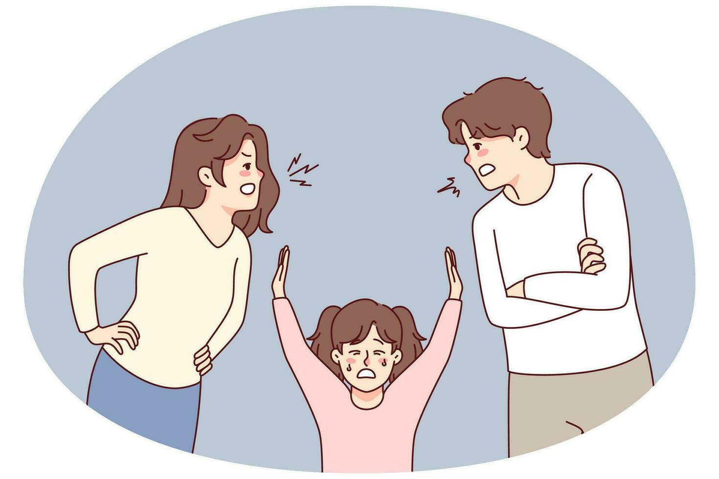 Unhappy little kid suffer from parents arguing. Small child struggle with mom and dad fighting. Domestic violence effect on children. Vector illustration.