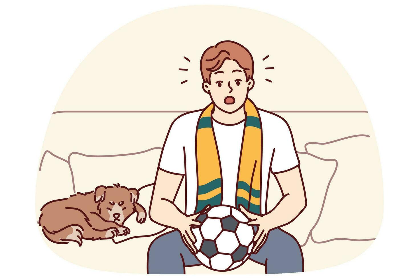 joven hombre sentar en sofá acecho fútbol americano juego a hogar. masculino deporte ventilador con pelota en manos disfrutar partido adentro. vector ilustración.