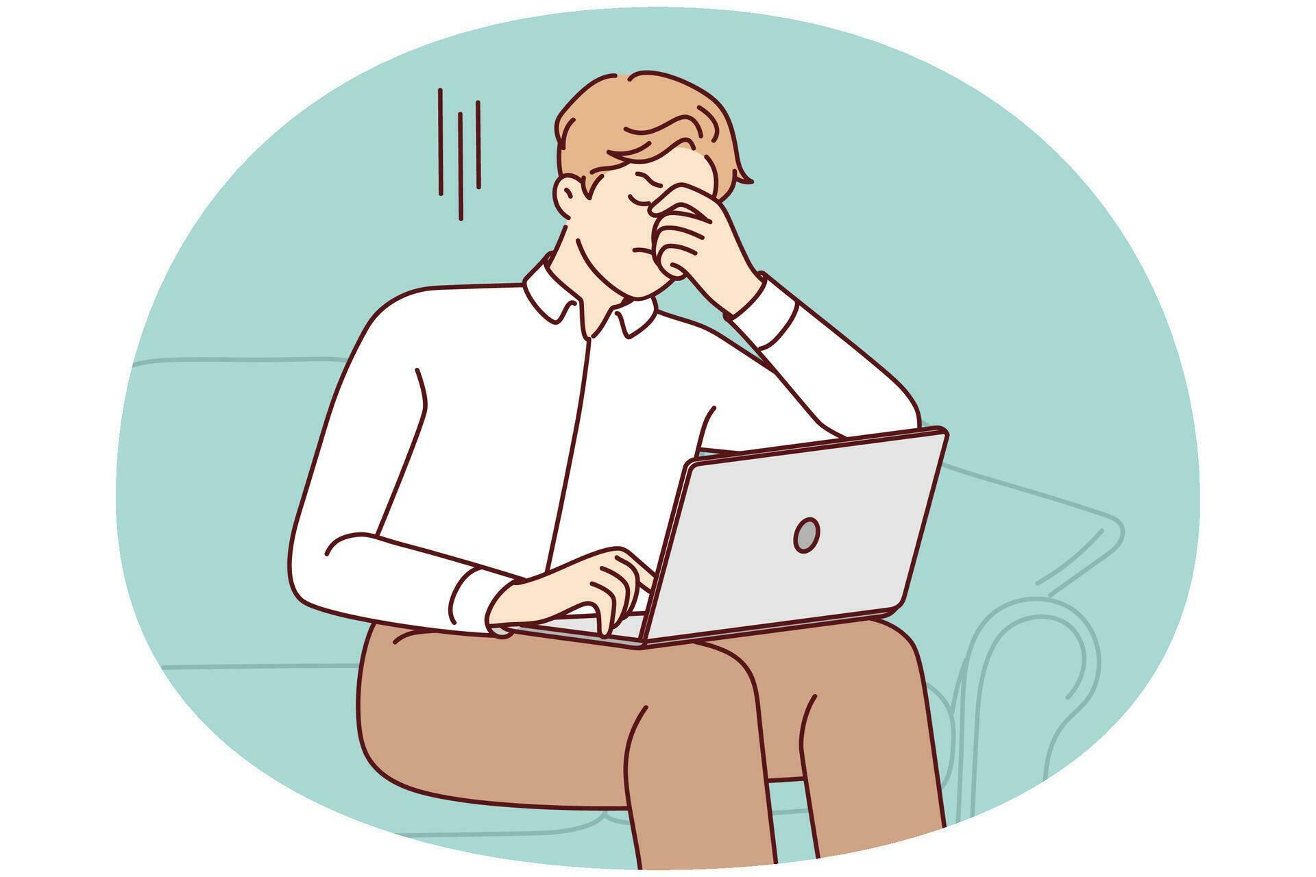 Unhealthy man sit on sofa work on computer suffer from headache. Unwell ...