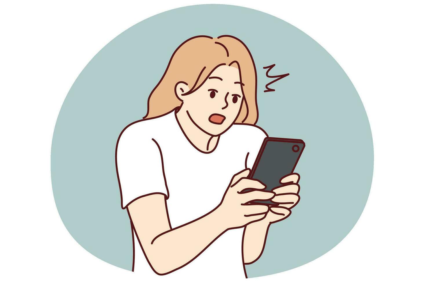 Amazed young woman look at cellphone screen shocked by unbelievable message online. Stunned girl surprised with news online on smartphone. Vector illustration.