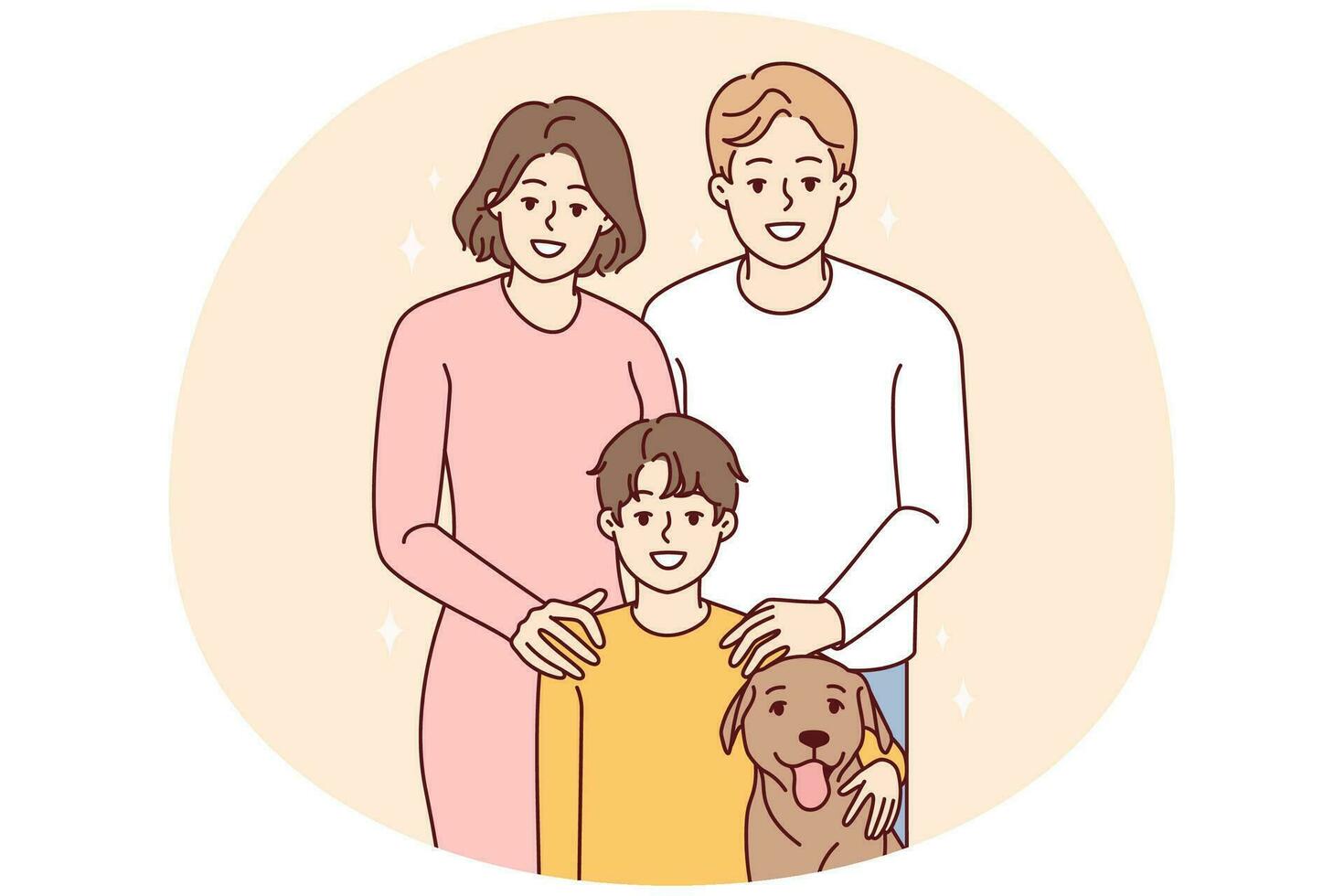 Portrait of young family with child and dog. Smiling parents with kid and pet posing together. Vector illustration.