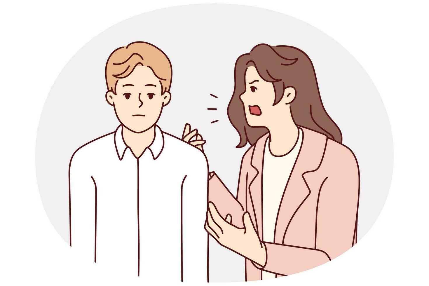 Aggressive annoying woman yelling at tired bored husband. Furious mad wife scream and shout at ignorant man. Relationship problems. Vector illustration.