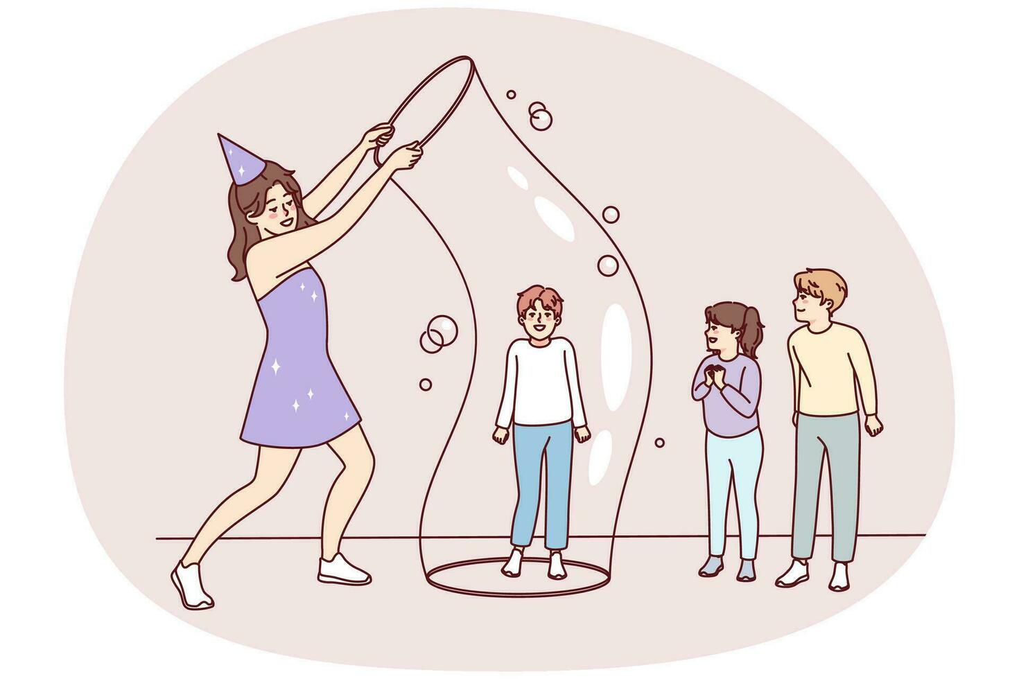 contento mujer artista jugando con enorme burbujas con pequeño niños a cumpleaños fiesta. sonriente hembra tener divertido entretener niños con juego actividades. vector ilustración.