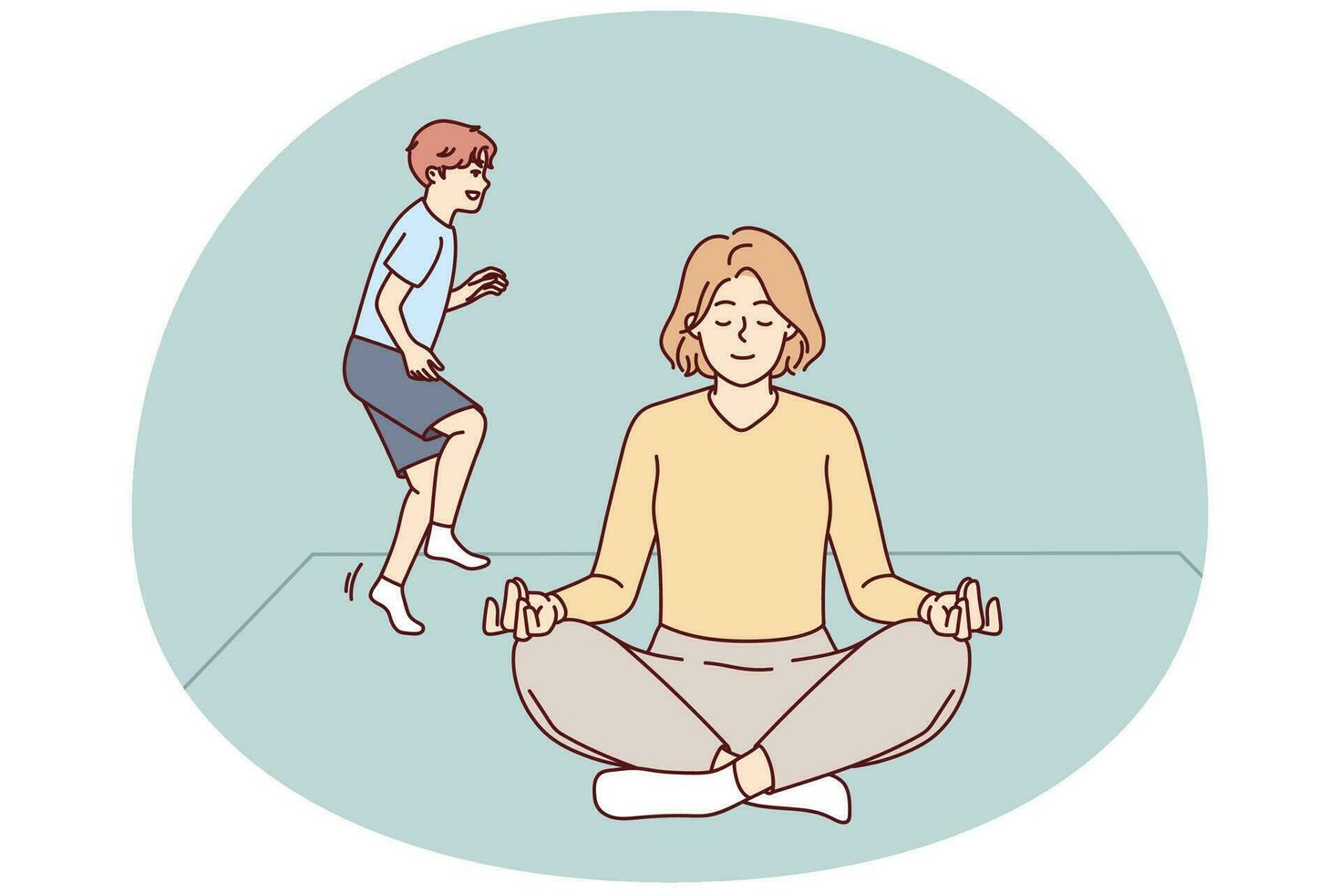 Calm young mom meditate at home with child playing near. Relaxed woman sit in lotus position practice yoga distracted from naughty kid. Vector illustration.