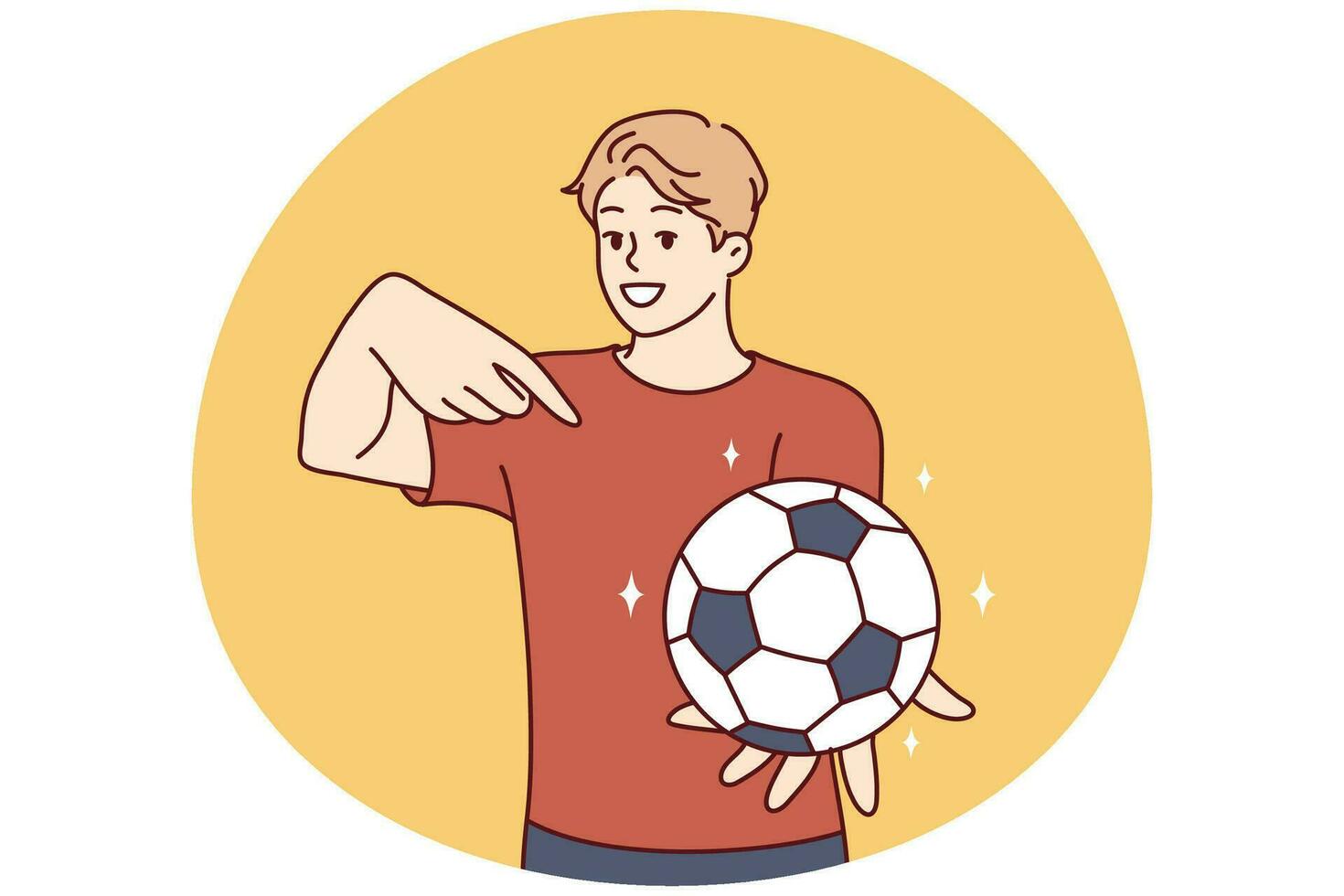 joven hombre sostiene fútbol pelota y puntos dedo a él, ofrecimiento a jugar fútbol. vector imagen