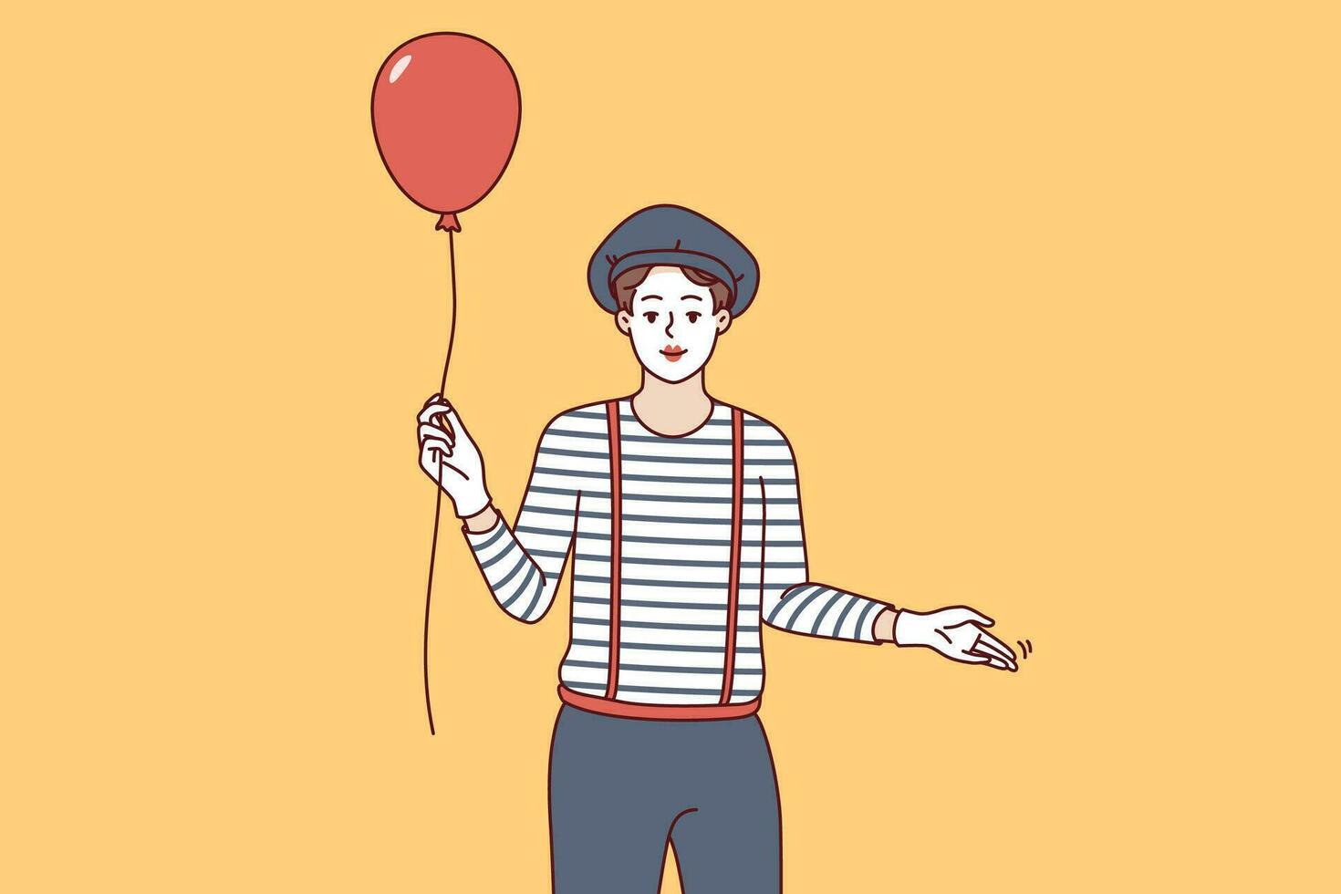 Man mime with balloon invites you to comedy theater performance with paraders and clowns vector