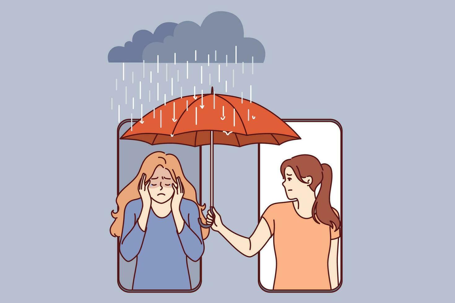 Woman supports upset friend by holding umbrella over girl head, leaning out of phone screen vector