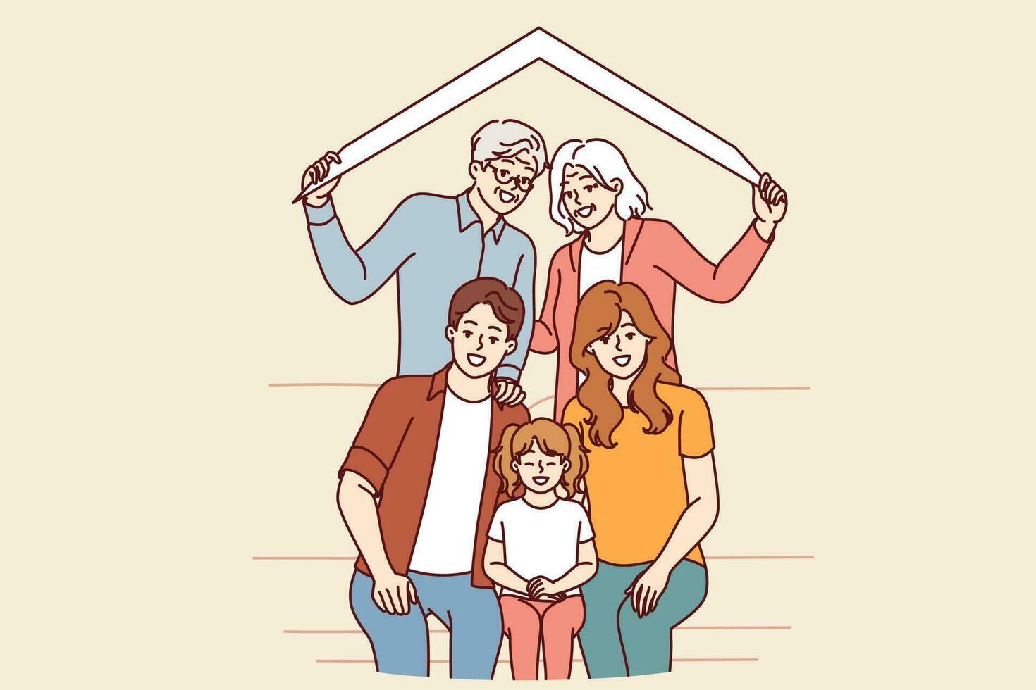 Large happy family of retired parents and millennial children with grandchildren under roof of house vector