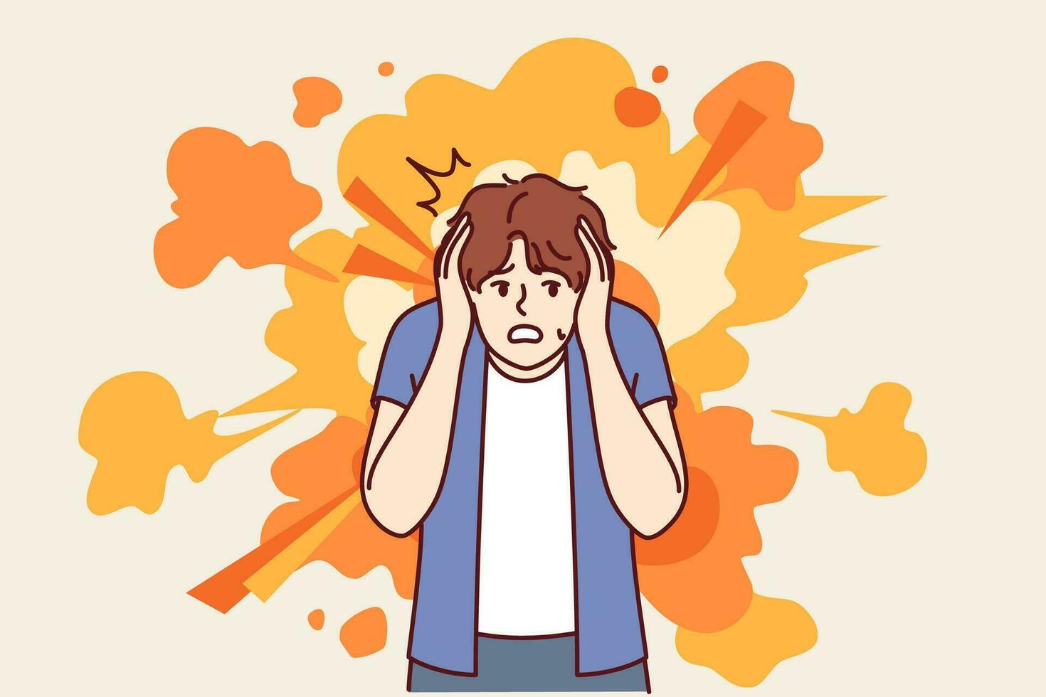 Frightened man gets scared by explosion and covers ears with hands to avoid stunning or concussion vector