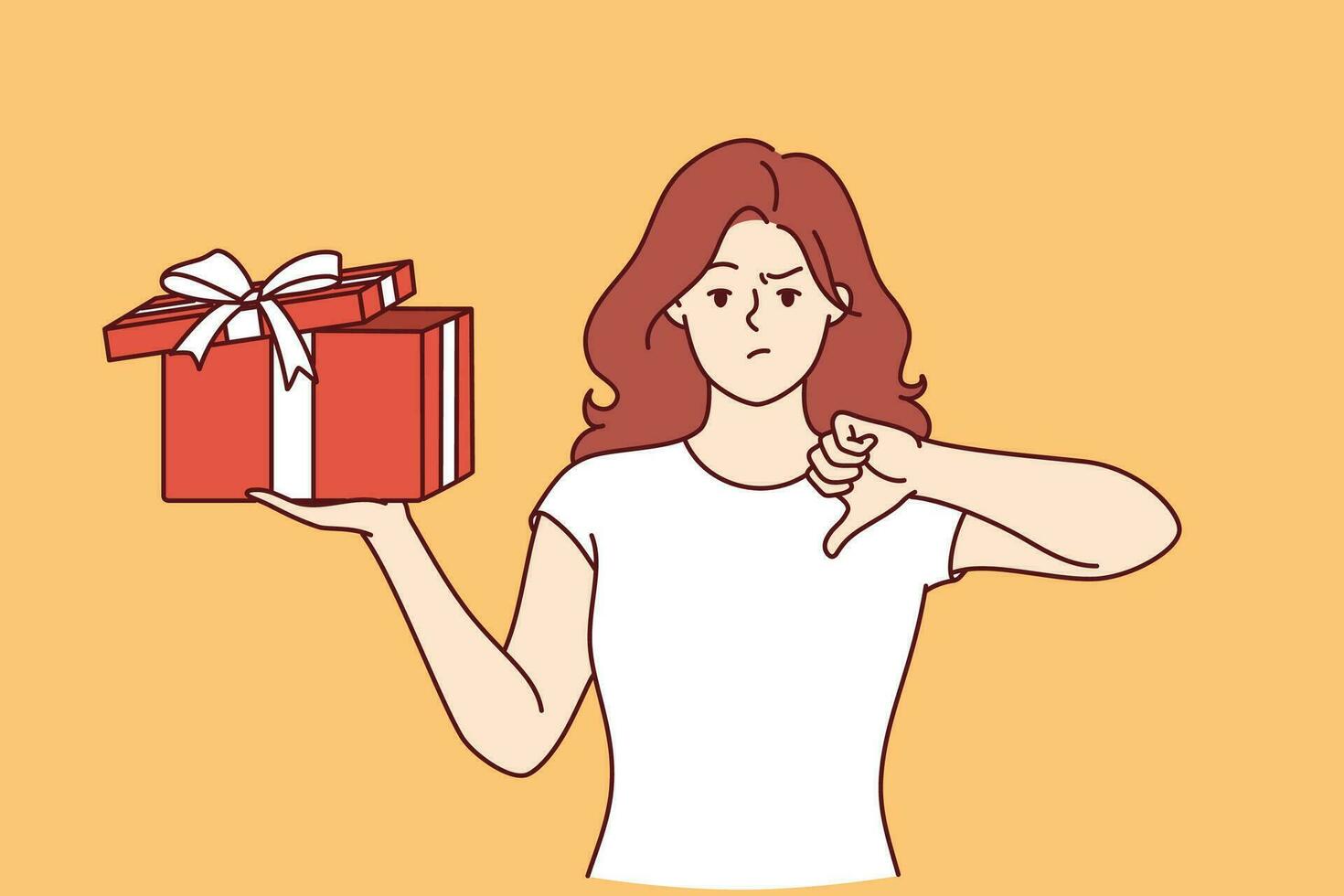 Woman with gift in hands is nervous and points finger down due to poor quality of present. Girl is holding gift tied with ribbon and is embarrassed, feeling offended because of unacceptable surprise. vector