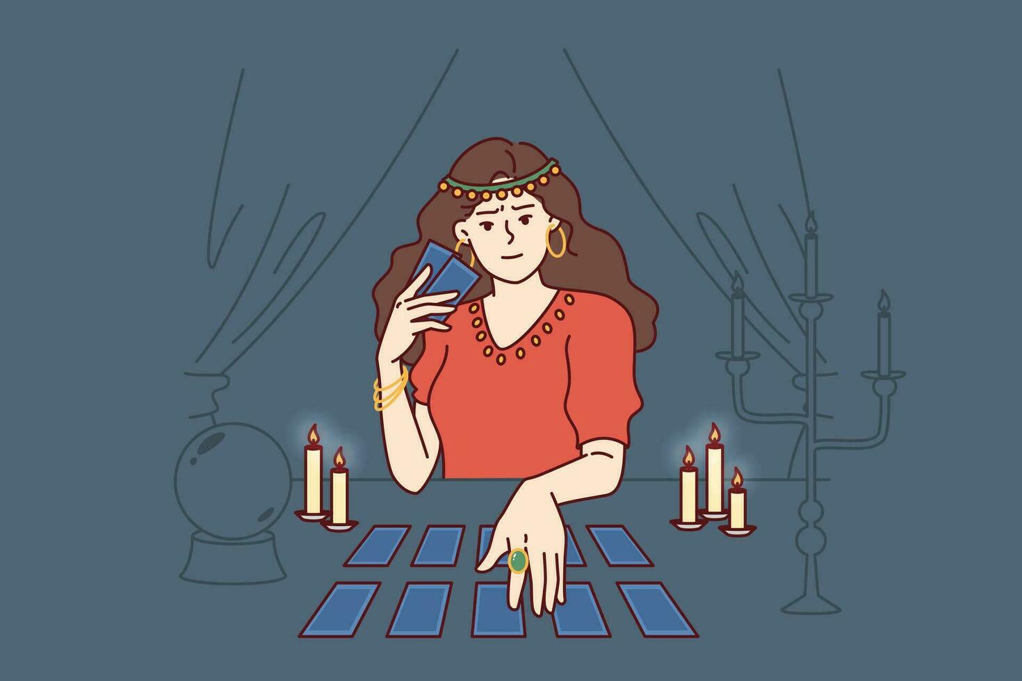 Soothsayer woman holds tarot cards predicting future and performing magical ritual vector