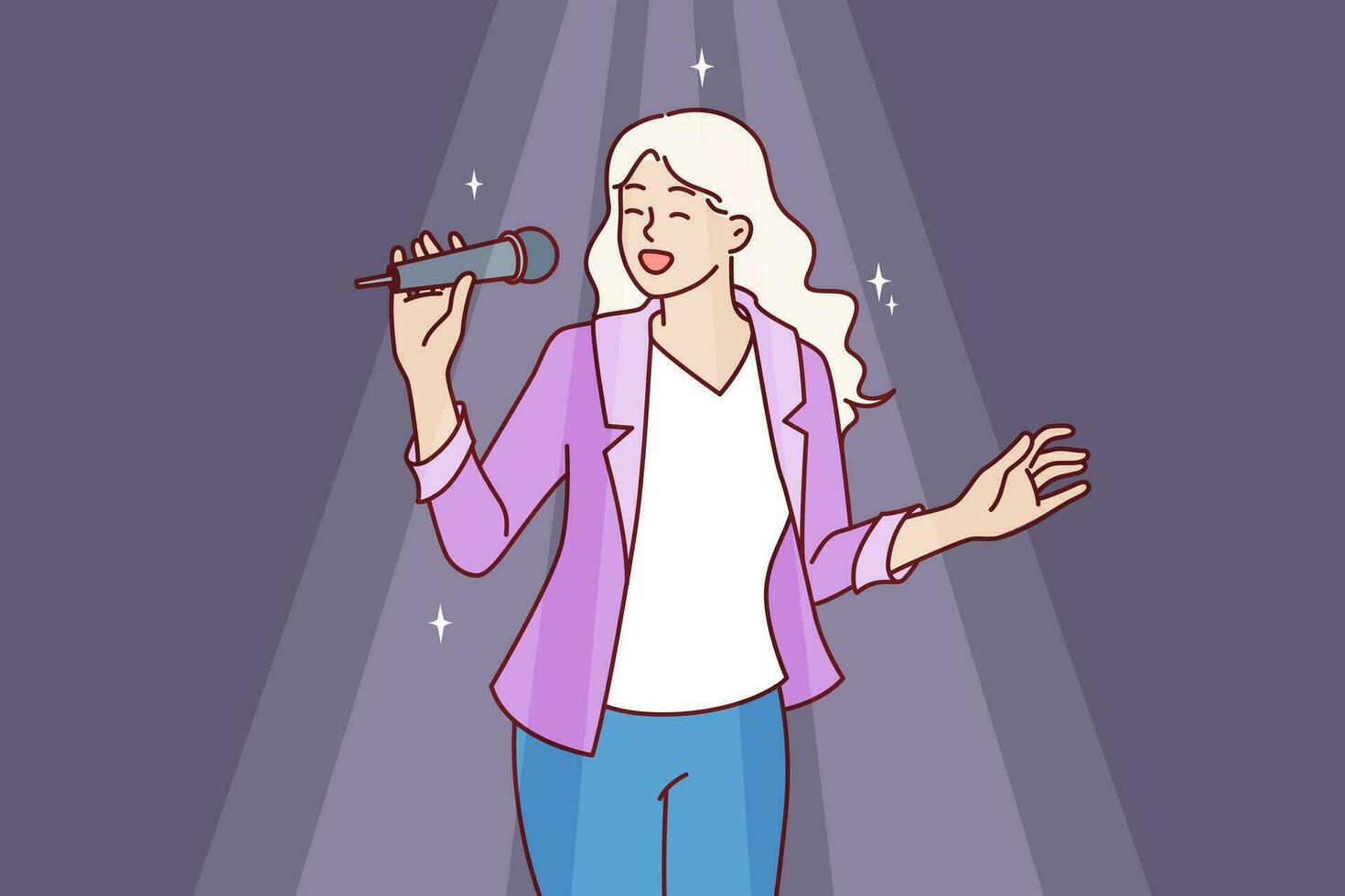 Woman sings karaoke holding microphone and enjoying creative hobby during party in nightclub vector