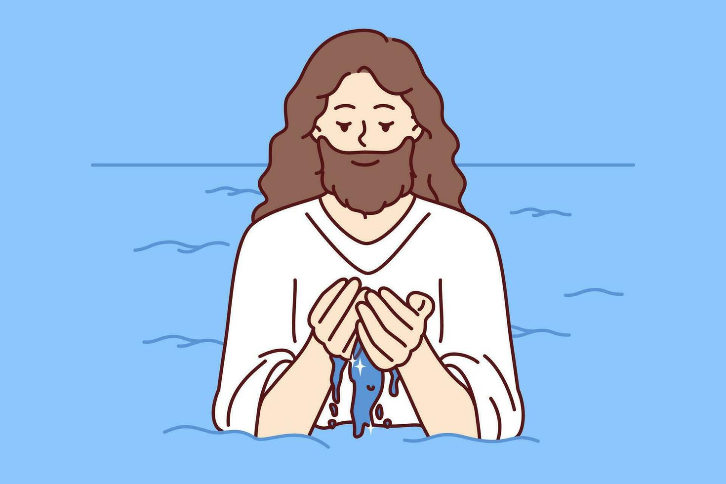 Jesus stands in water and washes face, for concept of second coming of god or baptism in christian religion. Bearded man looking like jesus for gospel and catholic or orthodox bible illustrations vector