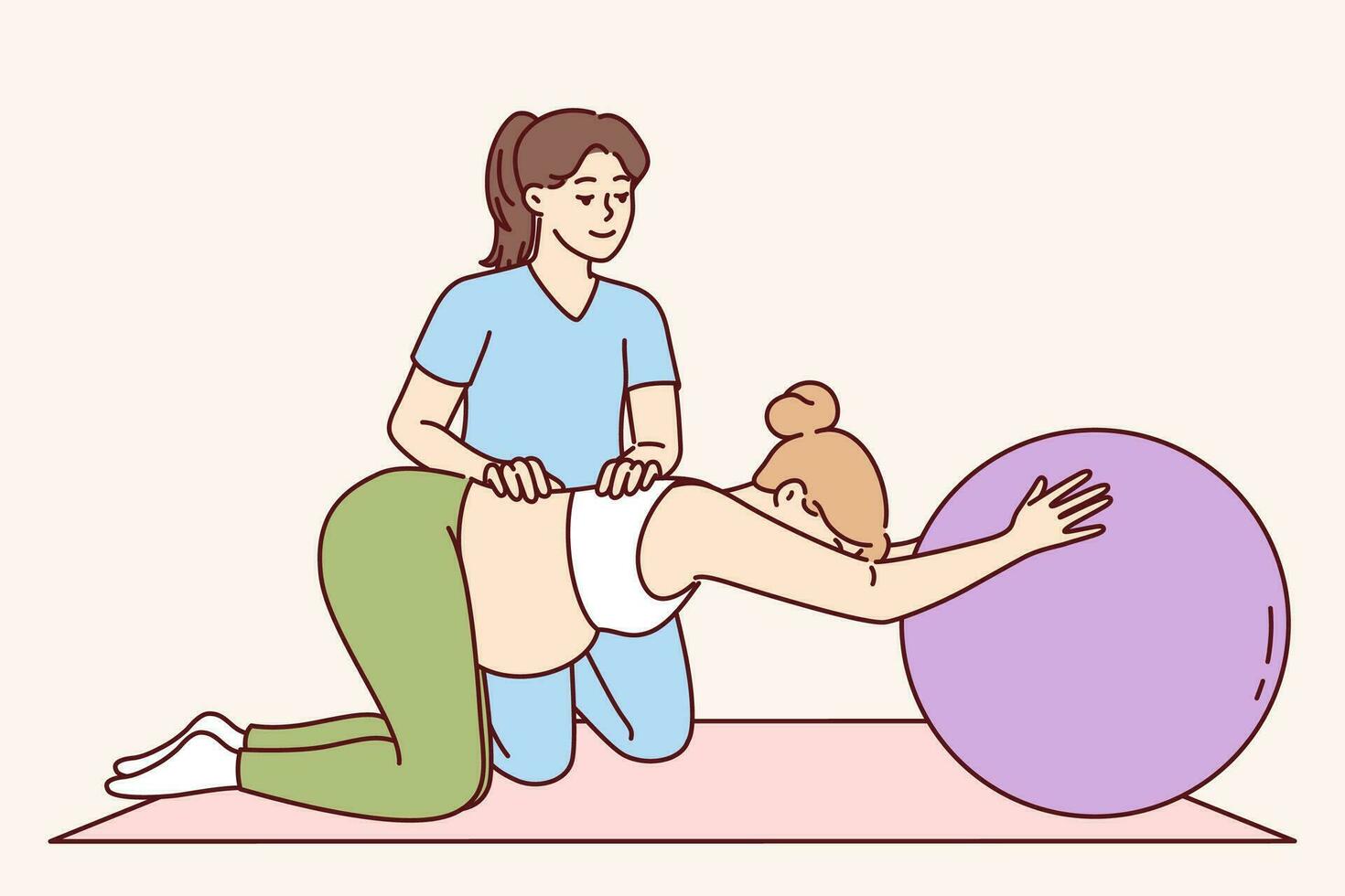 gimnasia para embarazada mujer y físico ejercicio debajo supervisión de fisioterapeuta a ayuda preparar para parto. embarazada niña haciendo pilates con grande caucho pelota a mantener salud en bueno forma vector