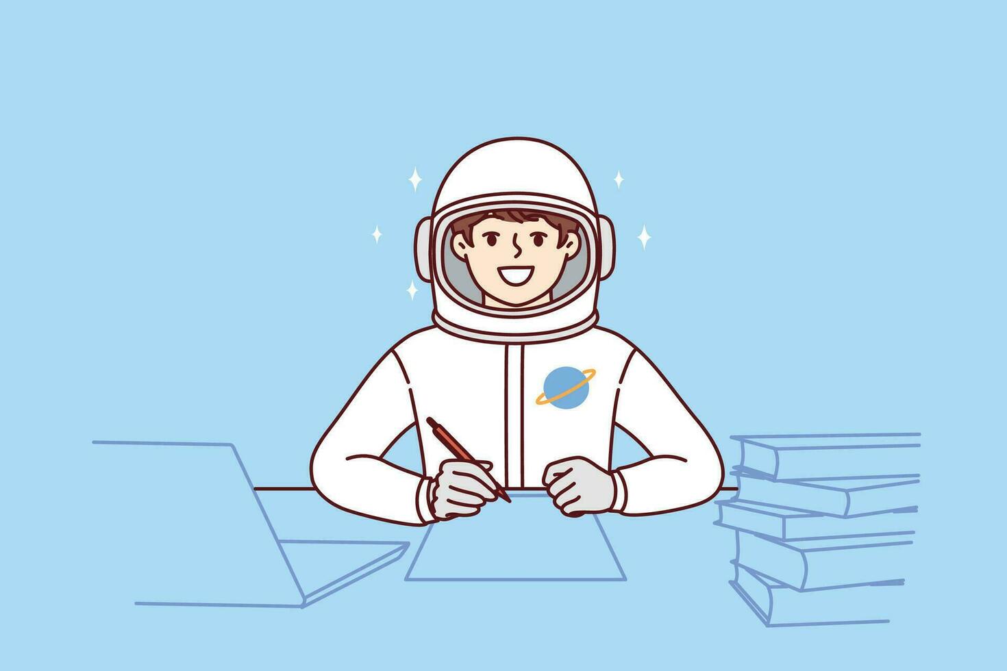 Boy astronaut does homework sitting at table with books, dressed in spacesuit for flight into space vector