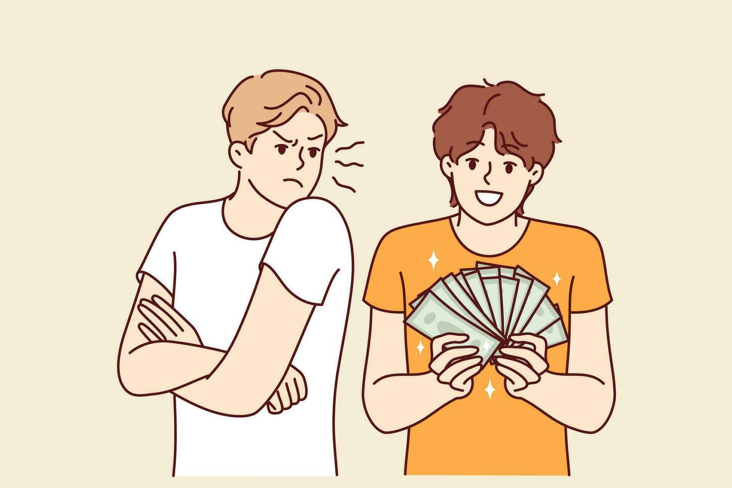 Man is jealous of rich friend showing off money bills earned in business or won in casino vector