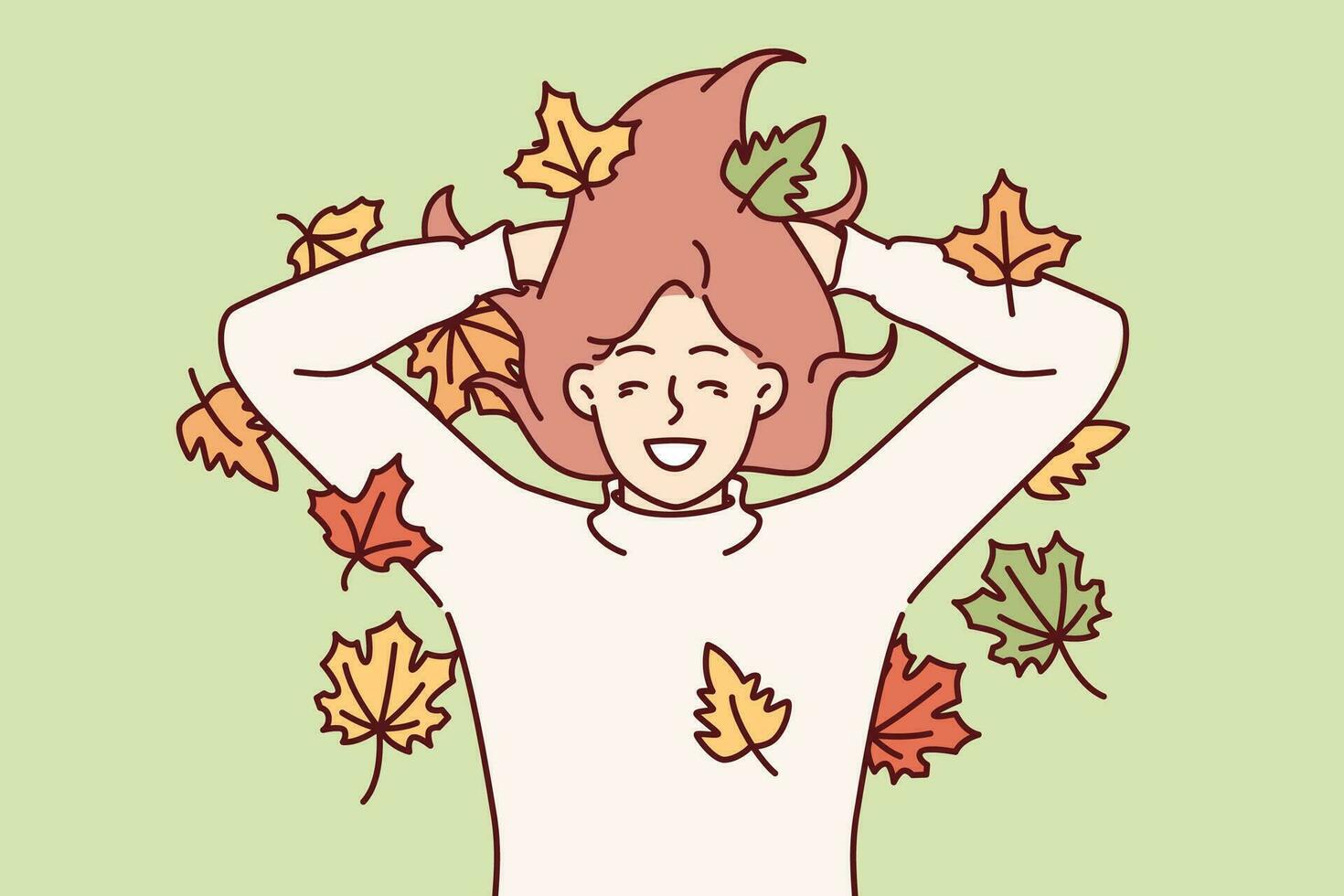 Woman lies in autumn park on ground among fallen multi-colored foliage and smiles rejoicing at onset of october. Girl enjoys autumn season and feels positive emotions from reunion with nature vector