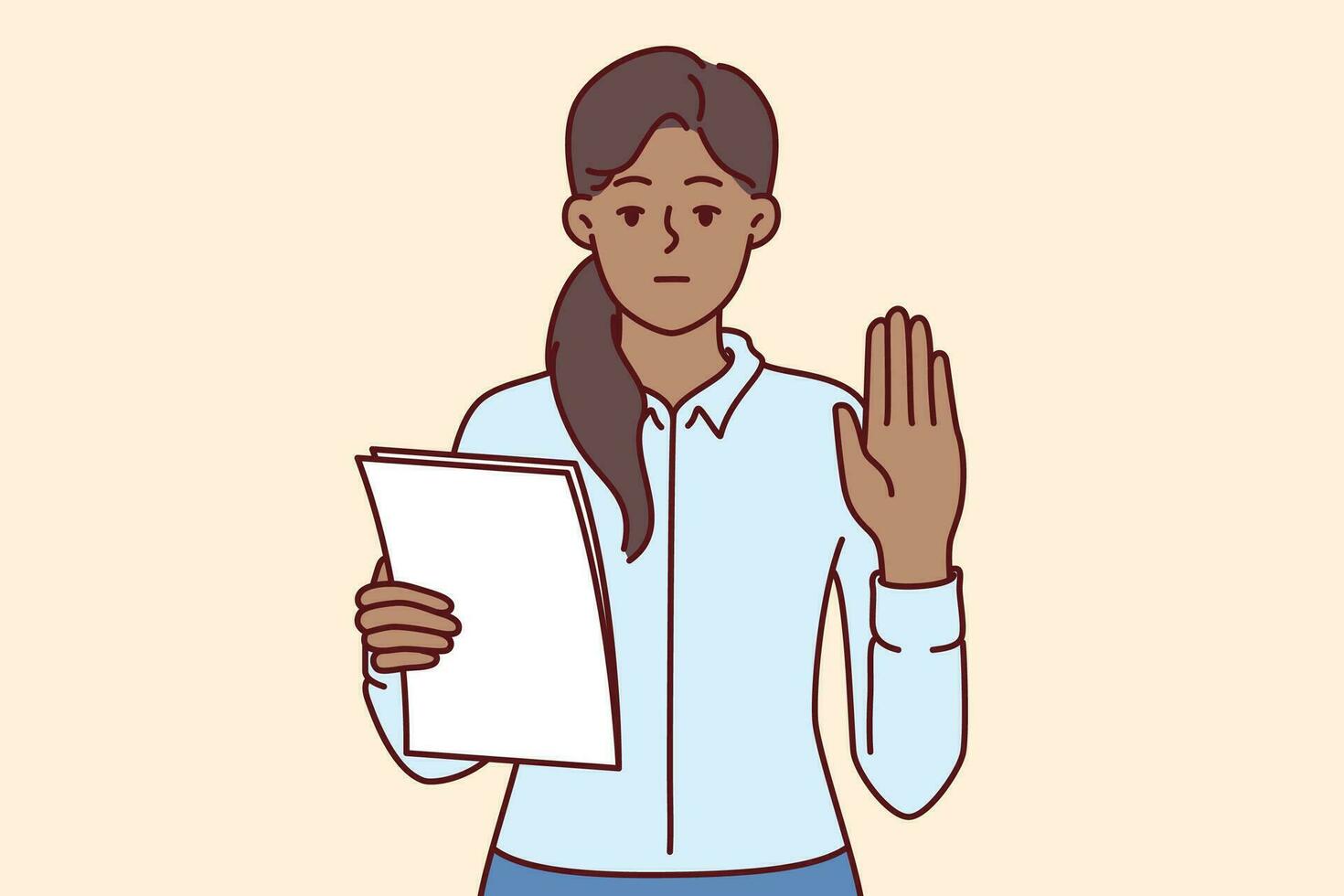 Woman makes solemn oath holding documents with text of inauguration and showing palm as sign of sincerity. Ethnic girl takes oath before taking office as senator or representative of parliament vector