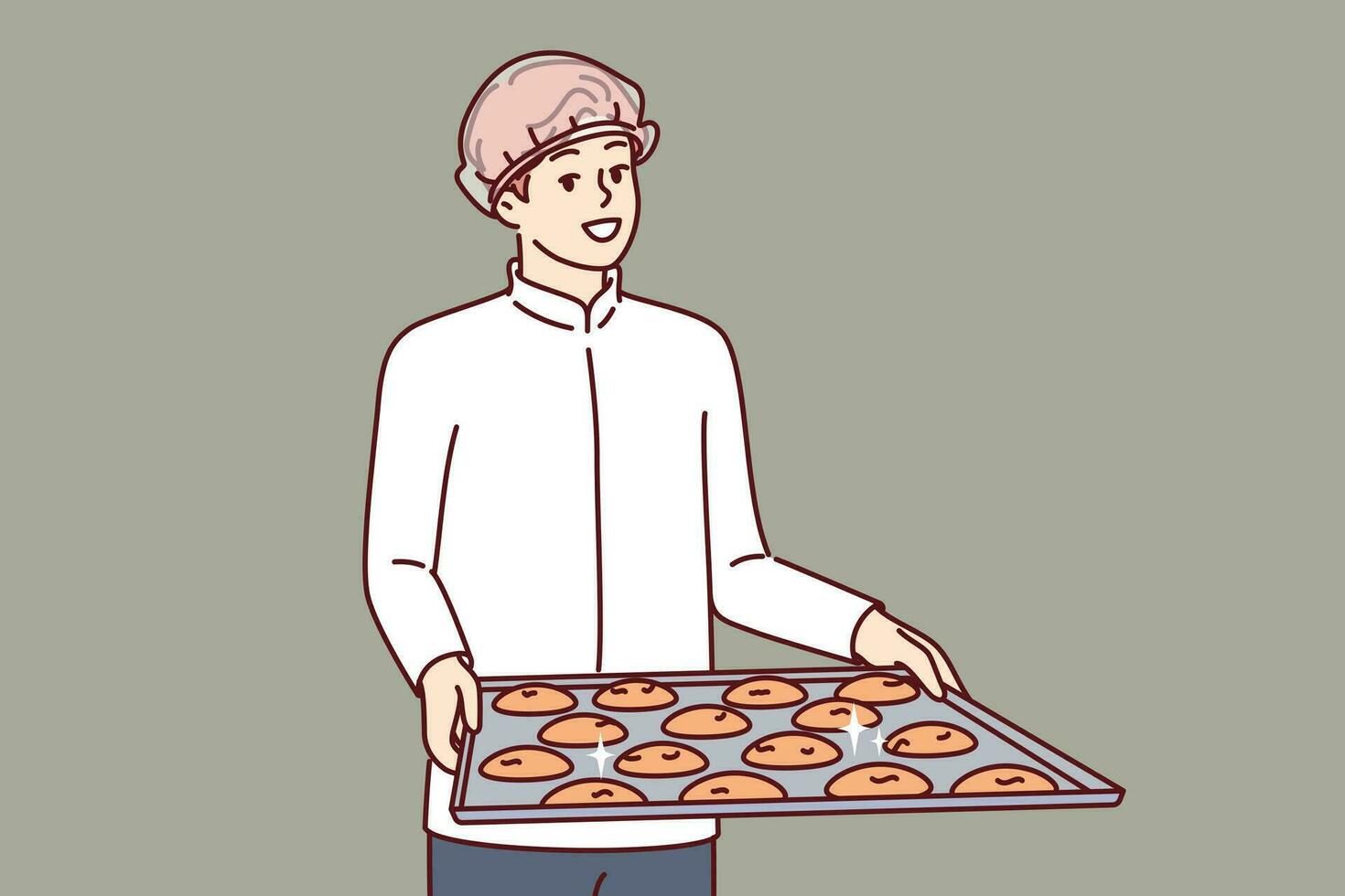 Man pastry chef is holding tray of cookies, dressed in white chef shirt and disposable hair cap. Guy confectioner prepares oatmeal cookies from natural ingredients, for sale in own bakery vector