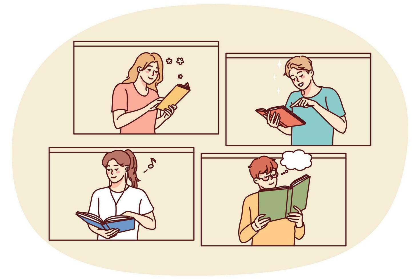 contento personas leyendo libros. sonriente hombres y mujer disfrutar literatura. educación y conocimiento. vector ilustración.