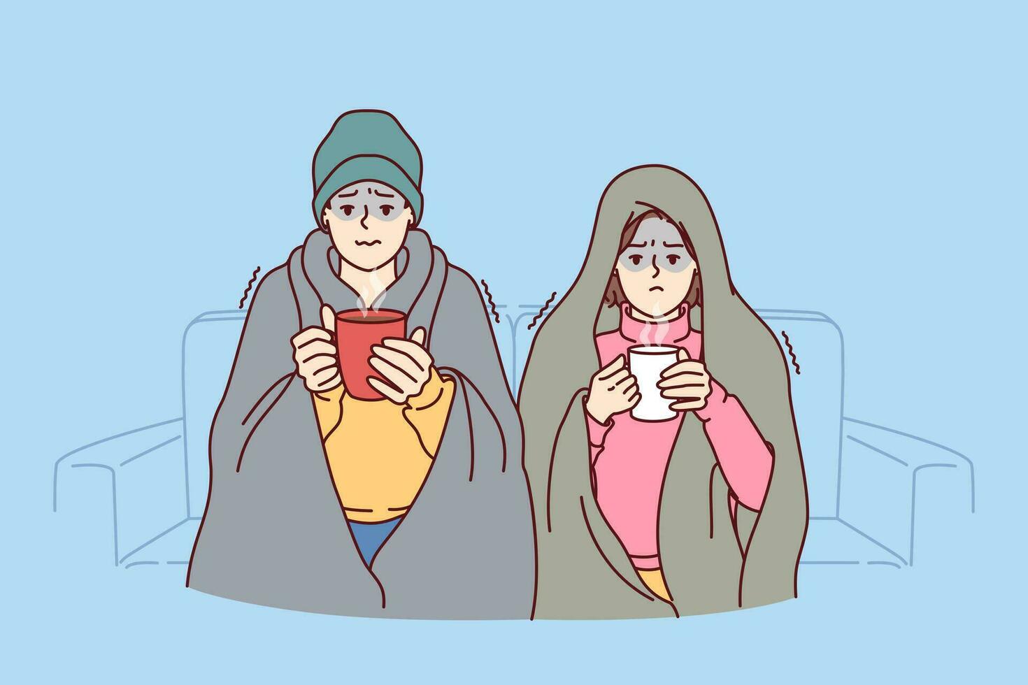 Sick man and woman are sitting on sofa wrapped in blankets and drinking hot tea. vector