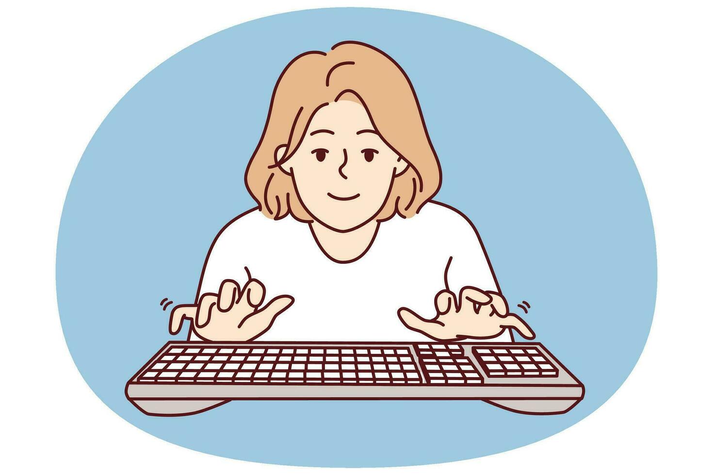 Young woman blogger typing keyboard looks at screen while typing e-mail message. Vector image