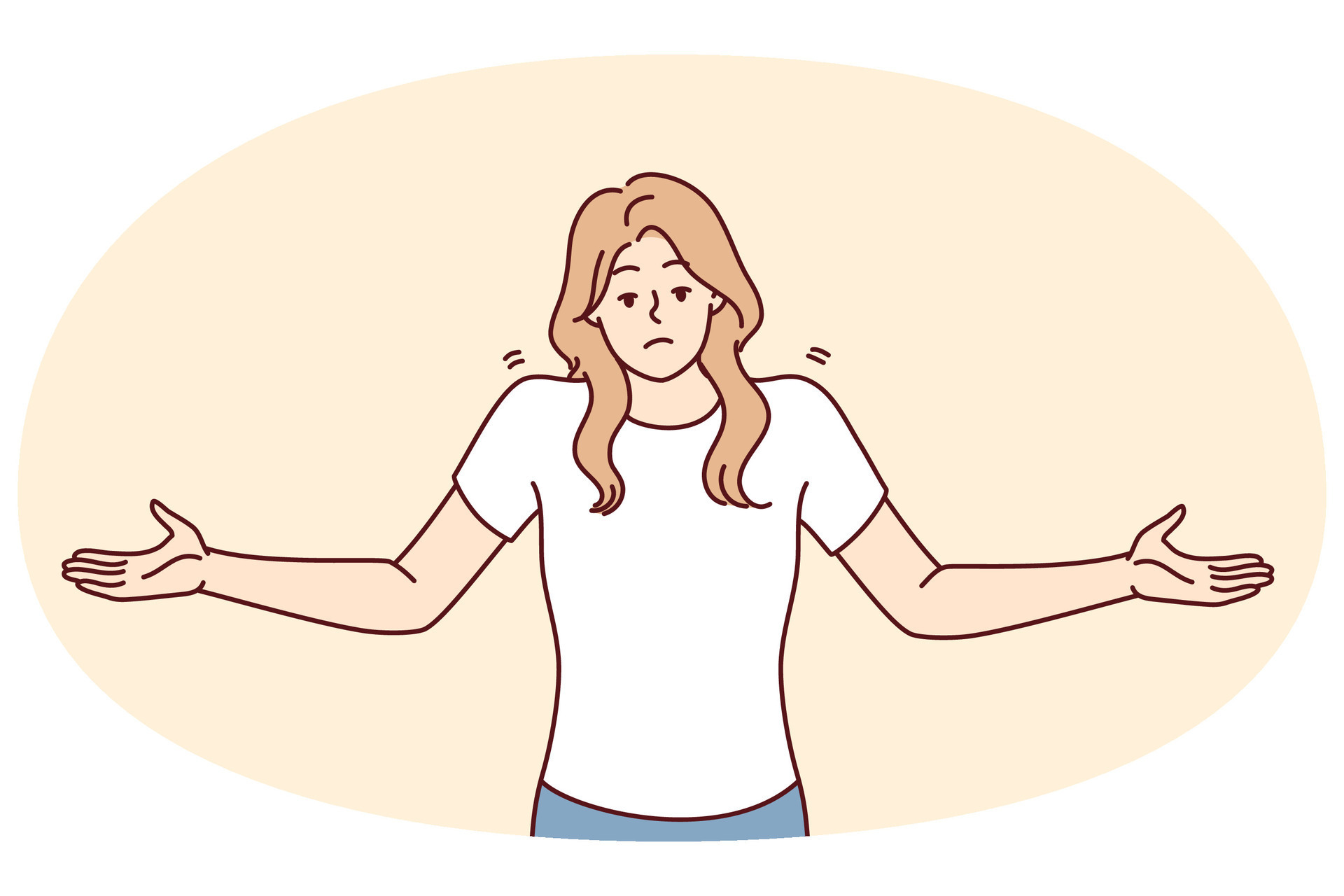 Unsure woman throws up hands demonstrating lack of correct answer to