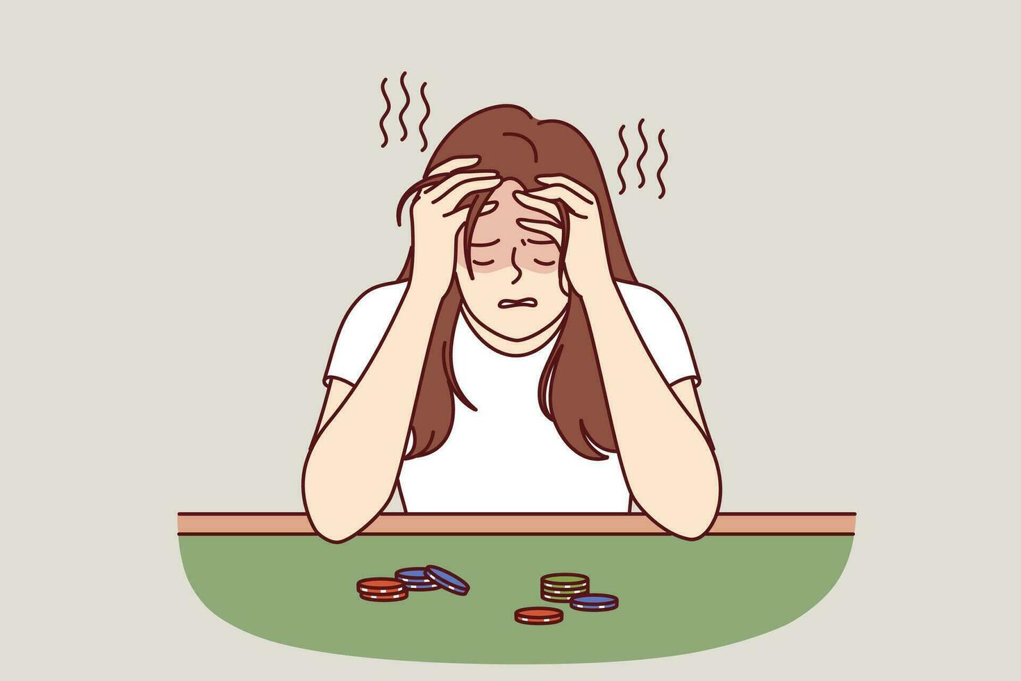 Broke woman sits at poker table with playing chips and cries after losing large amount of money vector