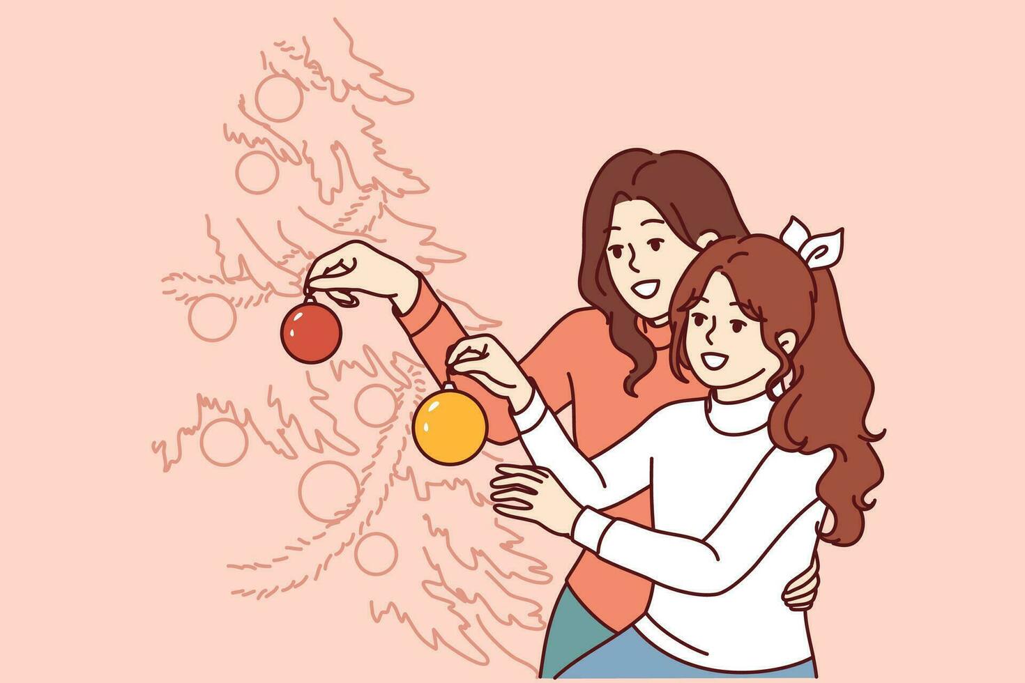 Mom and daughter decorate christmas tree, decorating branches with gift balls and garlands. Happy family preparing for christmas holidays together using bright new year attributes. vector