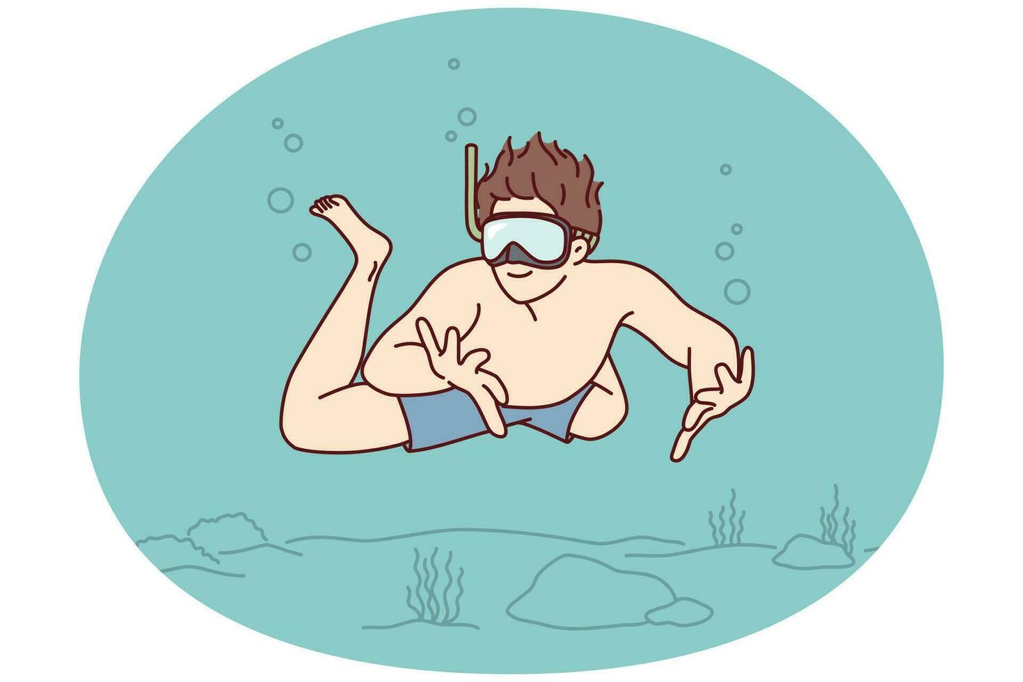 Man diver with smile swims underwater enjoy exploring ocean floor with rocks and algae. Vector image