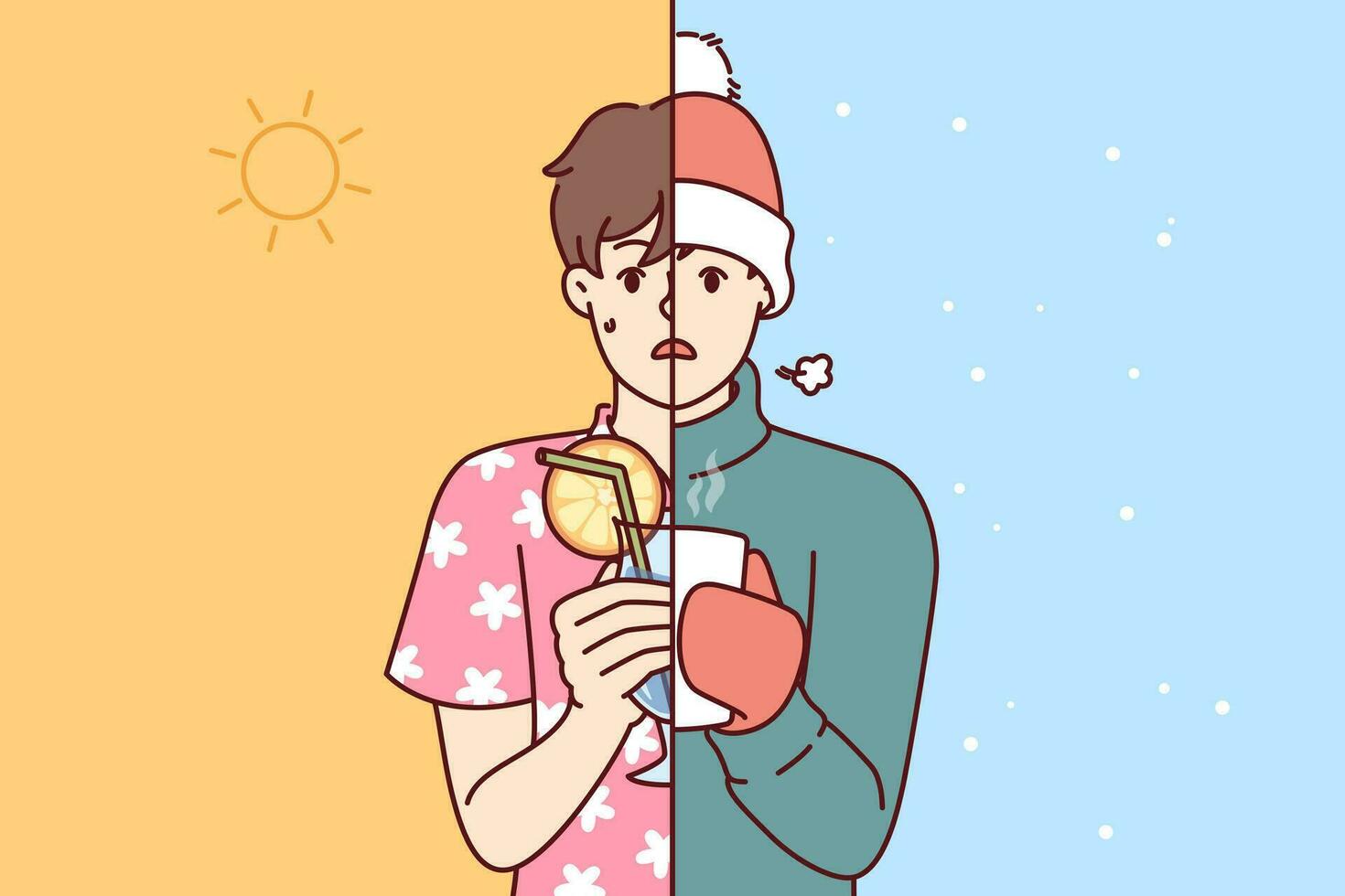 Man suffers from climatic contrast and feels unsatisfied due to abrupt change of summer and winter weather. Guy with cold cocktail and hot tea, upset because of sudden climate change vector