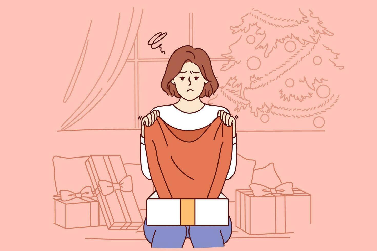 Sad woman upset by christmas gift, sitting on sofa among giftboxes near new year tree vector