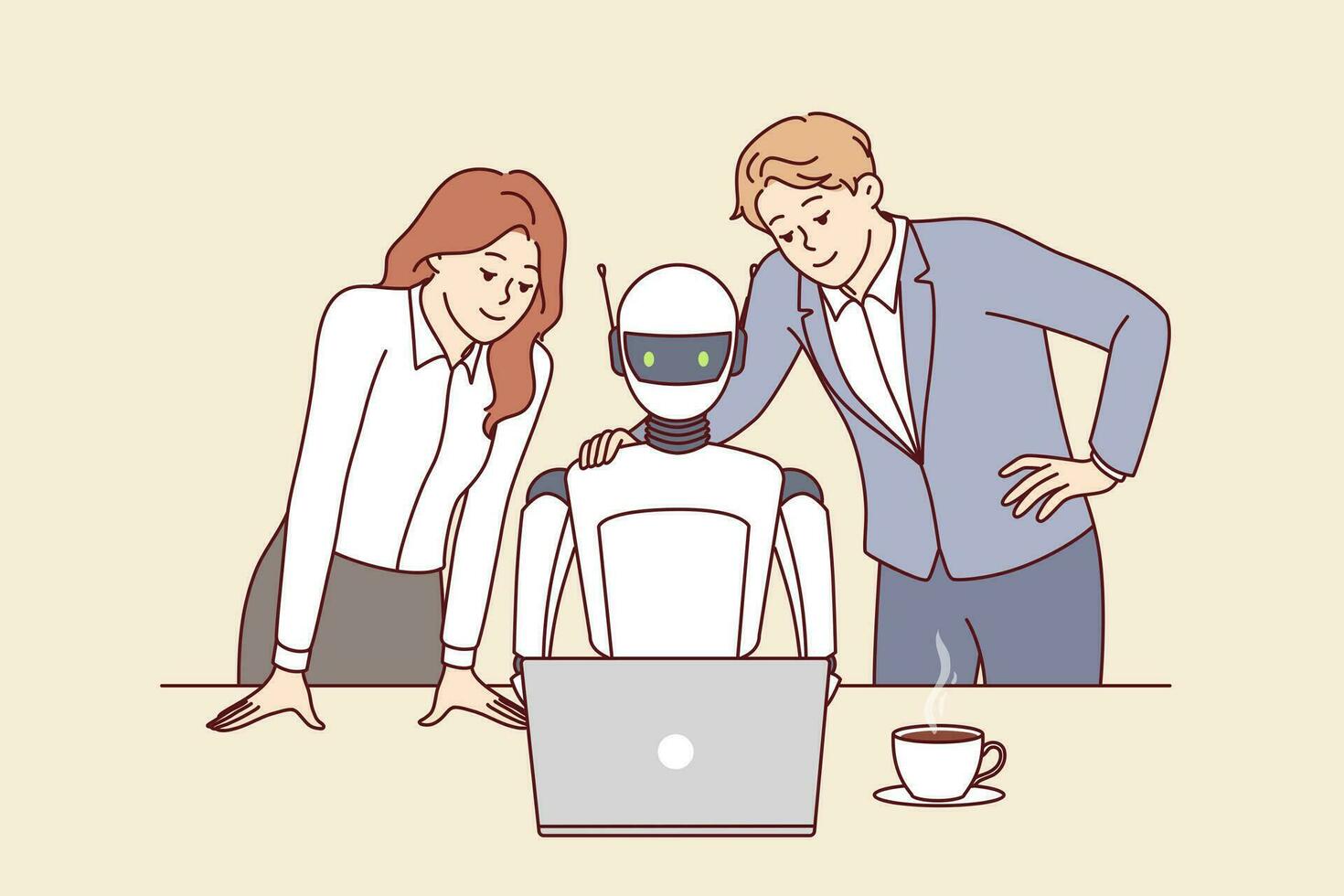 Robot employee of company and two human colleagues work together to complete tasks using laptop vector