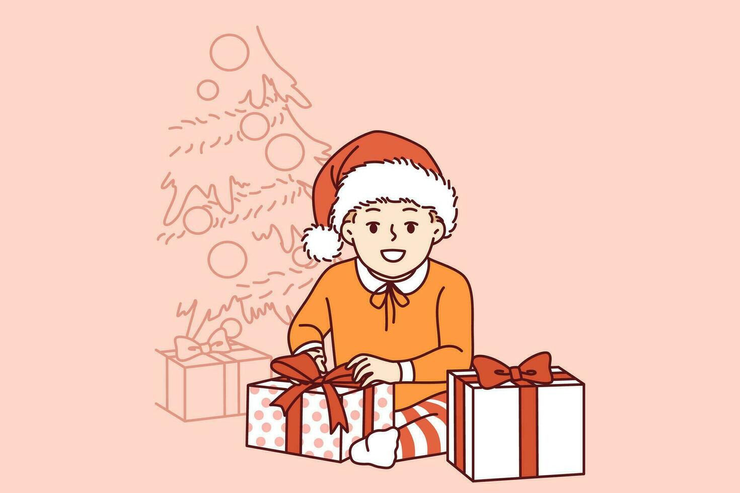 pequeño preadolescente chico se sienta cerca Navidad árbol y regalos desde Papa Noel claus y sonriente mira a pantalla. niño se regocija a llegada de Navidad o nuevo año y grande número de cajas de regalo desde padres vector