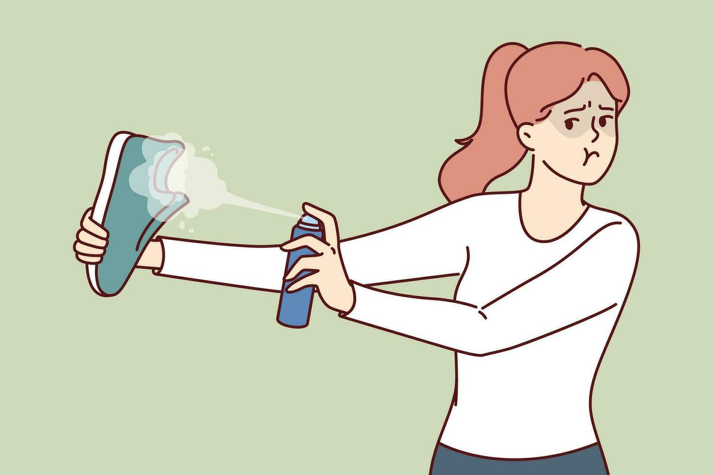 Shoe disinfectant spray in hands of woman trying to get rid of bad smell caused by foot fungus. Shoe cleaning and sanitizing process to avoid spread of harmful microbes caused by foot sweating vector