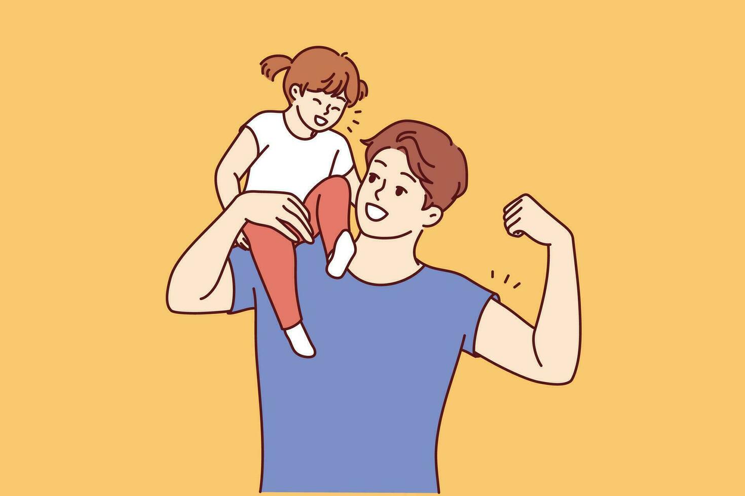 Strong man father holds daughter on shoulder and shows biceps to instill in child confidence in security. Little girl climbed on top of father and laughed, enjoying time spent with dad. vector